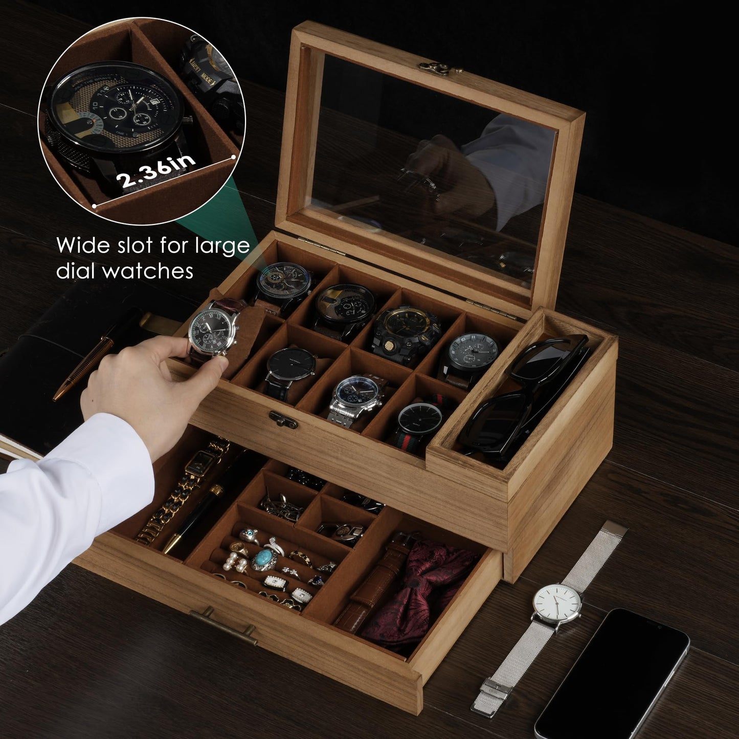 GALHUBIS Watch Box with Tray, 2-Tier Watch Case for Large Dial Watches, 8-Slot Watch Display Case with Lid, Removable Watch Pillows, Drawer, Gifts for Men Women, Watch Organizer, Jewelry Box, Walnut