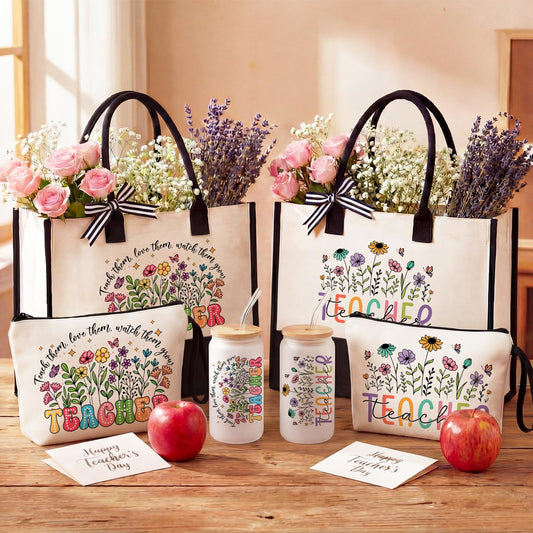 Sanwuta 6 Sets Teacher Appreciation Gifts for Women Thank You End of Year Teacher Gifts Set Include Tote Bag, Makeup Bag & 16oz Glass Cup for Employee Women Graduation Birthday School Office Supplies