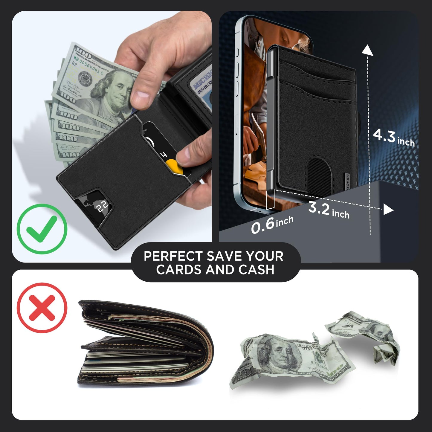 umoven Wallet for Men - Pop Up Case, Cash Slot, and Credit Card Slot - Slim Aluminum Wallet with RFID Blocking, Minimalist Leather Wallet Front Pocket with ID Window, Gift Box (Dark black)