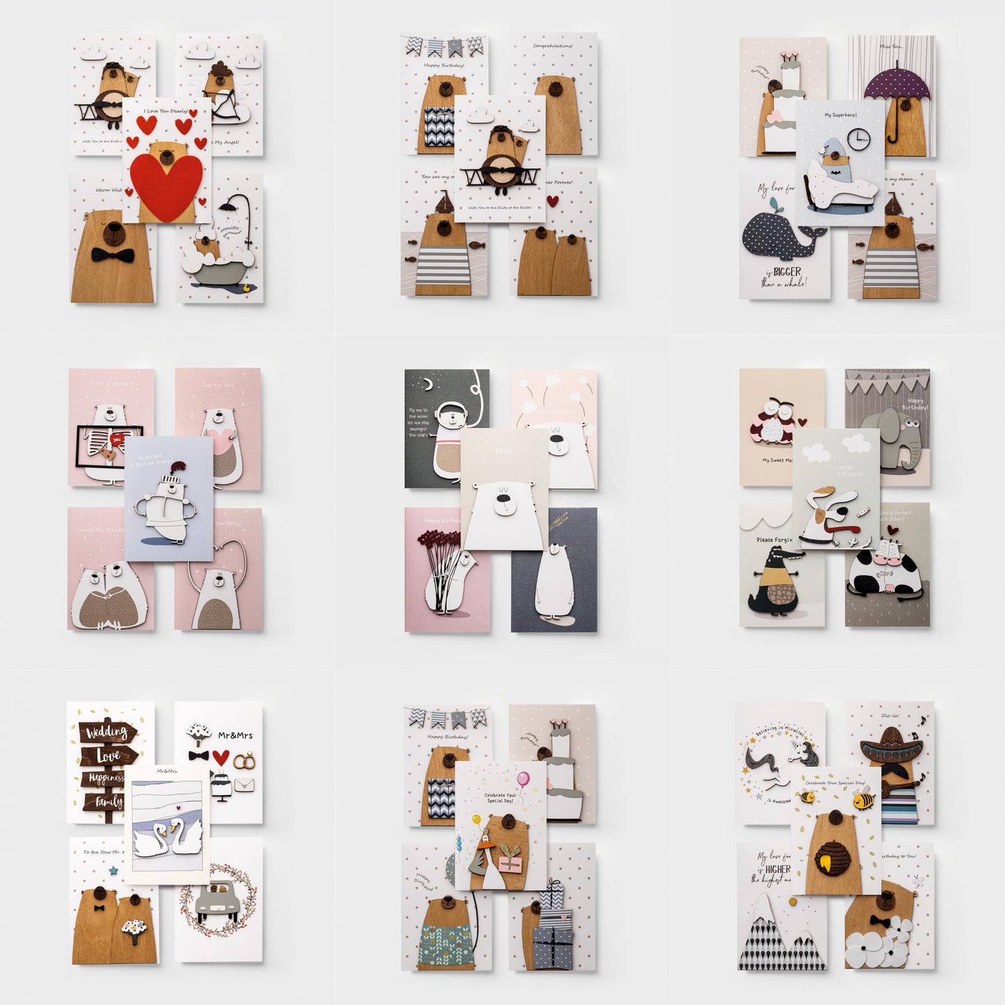 PESKOVOI Handmade Greeting Card with Premium 3D Wooden Design – Set of 5 Gift Cards with Kraft Envelopes – Ideal for All Occasions: Mother's Day, Weddings, Anniversaries, Birthdays, Love Notes & More