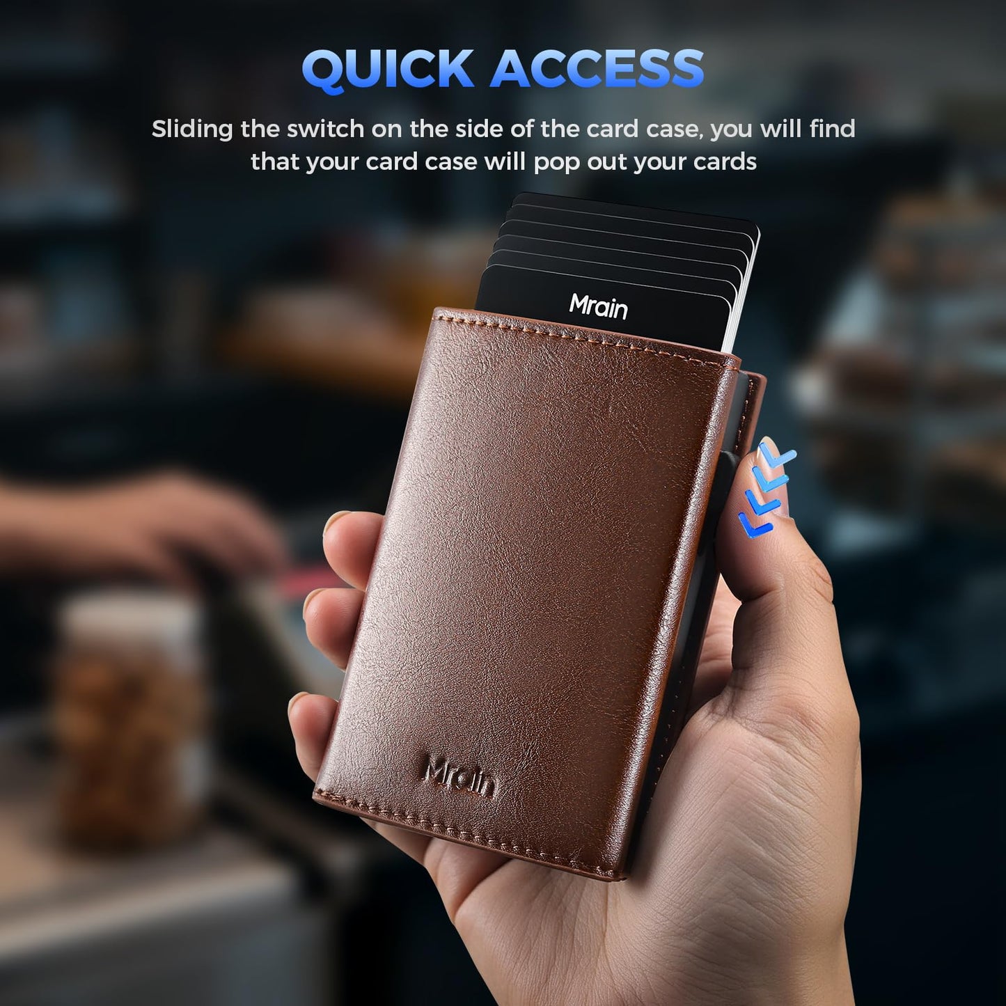 Mrain Mens Minimalist Slim Wallet Card Holder with Coin Pocket, Cash Slot, Magnetic Closure, Pop Up Aluminum Case, ID Window, Leather Wallet, RFID Blocking, 9-13 Card Capacity, Wax Brown