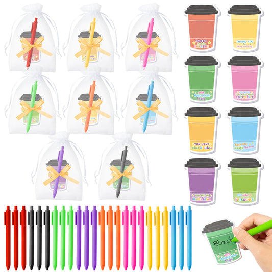 Xqumoi Employee Appreciation Coffee Cup Sticky Notes Set - 24 Set Coffee Self Sticky Writing Memo Pads Ballpoint Pens with Mesh Bag for Coffee Lover Staff Member Colleague Worker School Office Supply