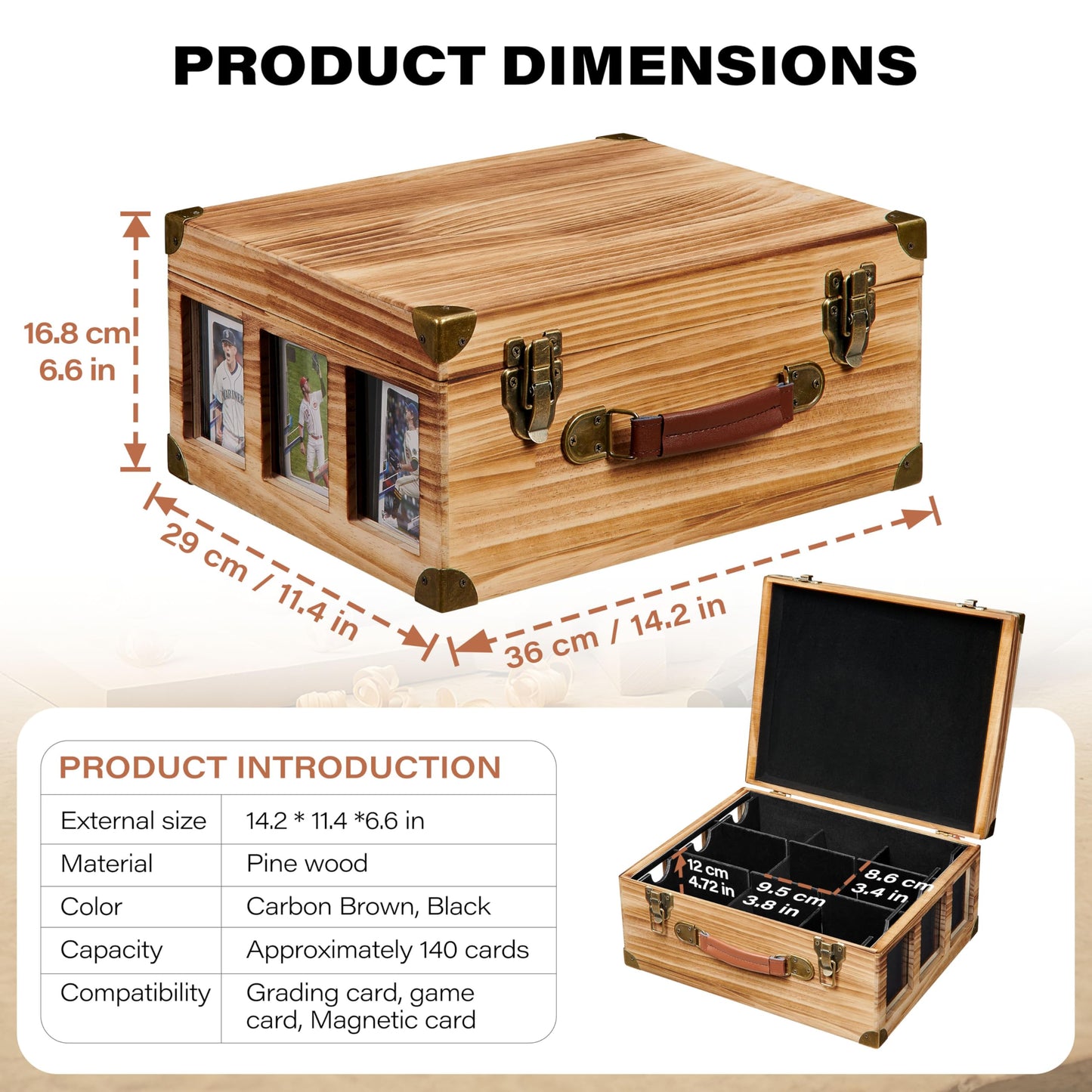 Poyilooo Graded Card Storage Box with Display Window, Wood Card Case for 140+ Cards PSA BGS FGS & SGC, Sports Cards Trading Cards, Graded Card Slab Carrying Case, Christmas Gifts (Carbonized Brown)