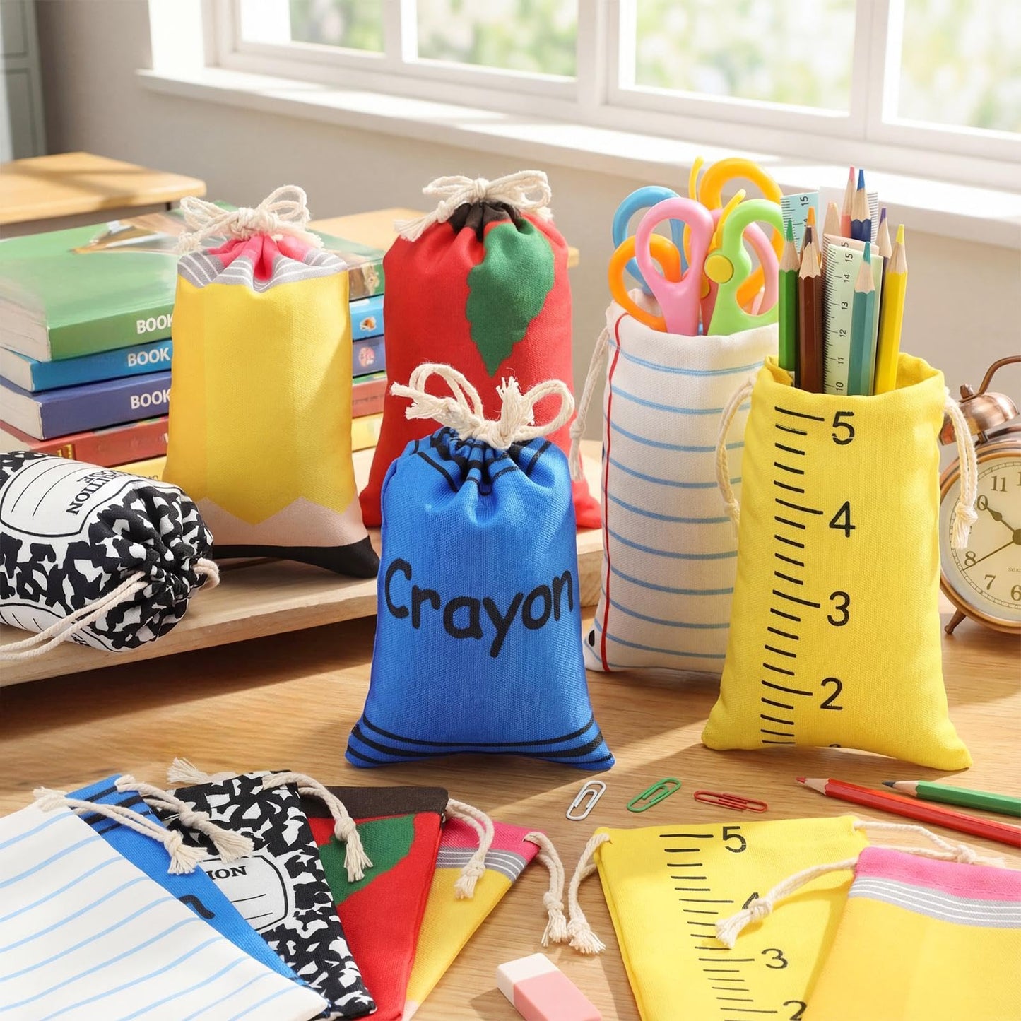 Sweetude 36 Pcs Teacher Appreciation Survival Kit Gifts Bags 4 x 6 Inch Composition Notebook Teacher Survival Supplies Drawstring Bags Pencil Crayon Apple Ruler in Bulk Thank You Canvas Makeup Pouch