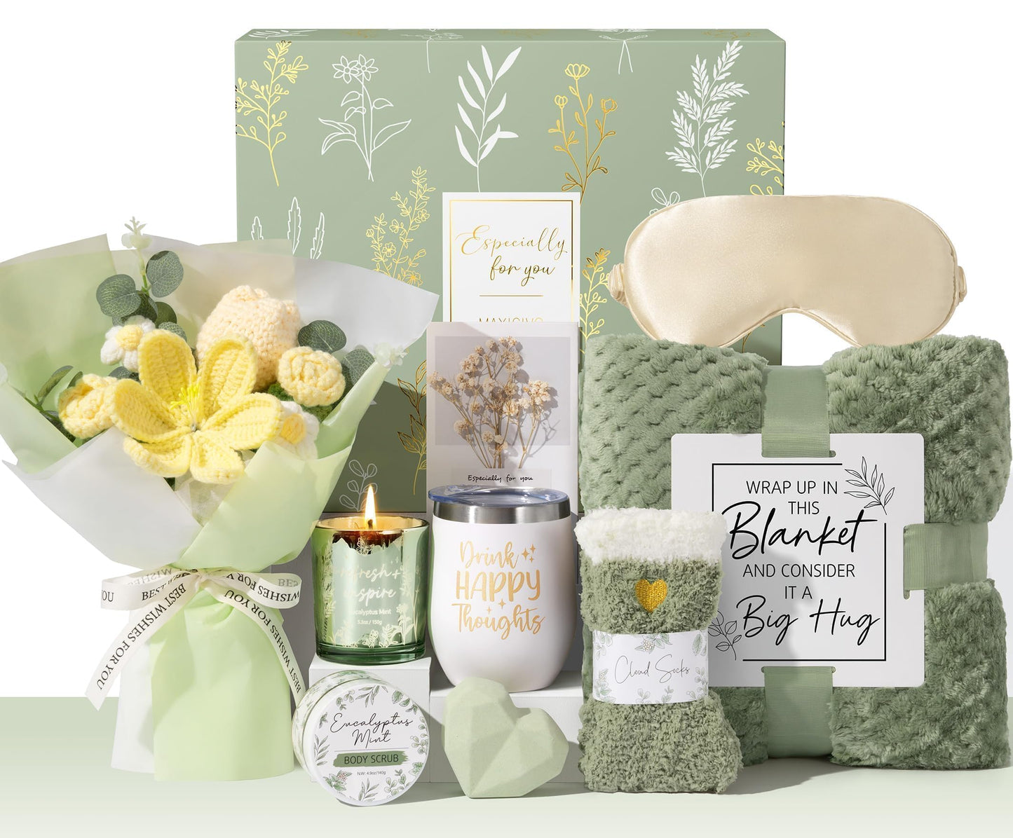 Mothers Day Birthday Gifts for Women Self Care Package Get Well Soon Gift Baskets, Thinking of You Sympathy Spa Gift Set w/ Crochet Flower Bouquet, Unique Gifts for Women Mom Sister Grandma Friends
