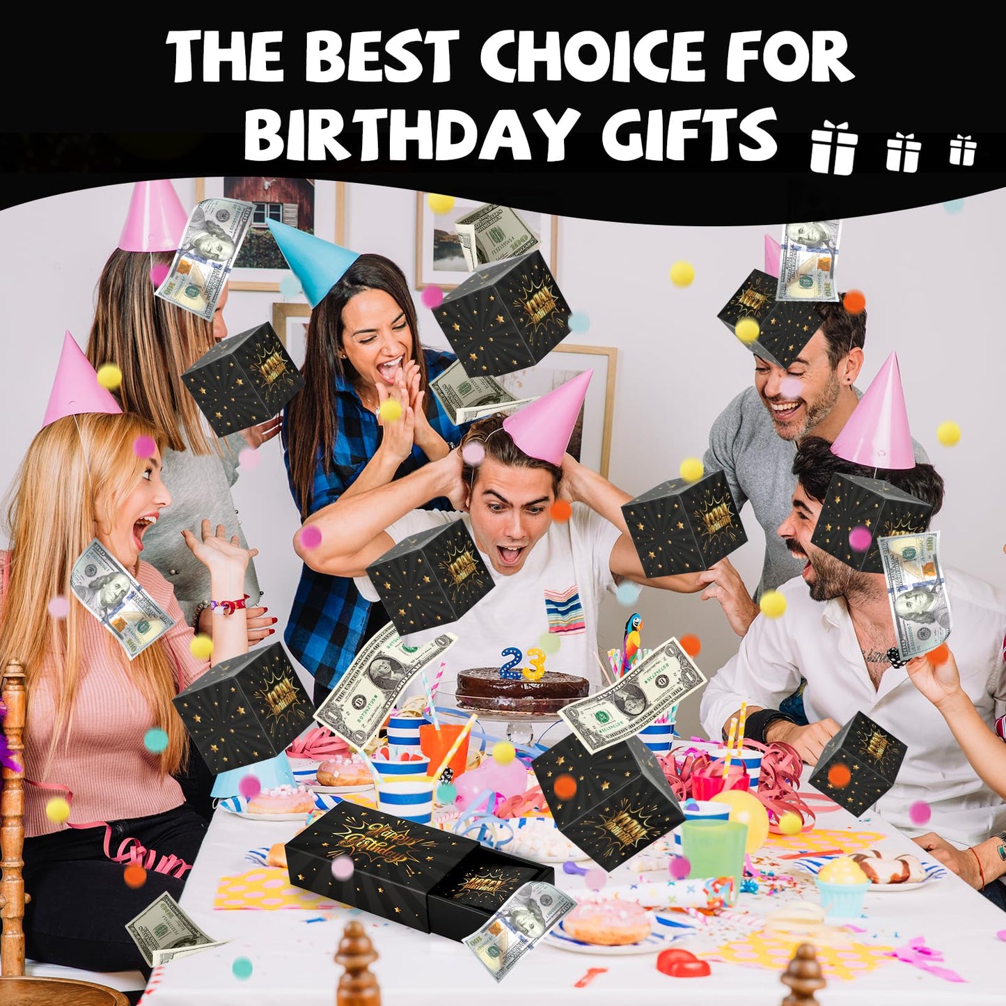 WenmthG Happy Birthday Surprise Gift Box Explosion for Money - DIY Pop Out Folding Bounce Explosion Gift Box with Confetti - Birthday Money Bank - Cash Gift Idea for Women Men Kids (Black Gold)