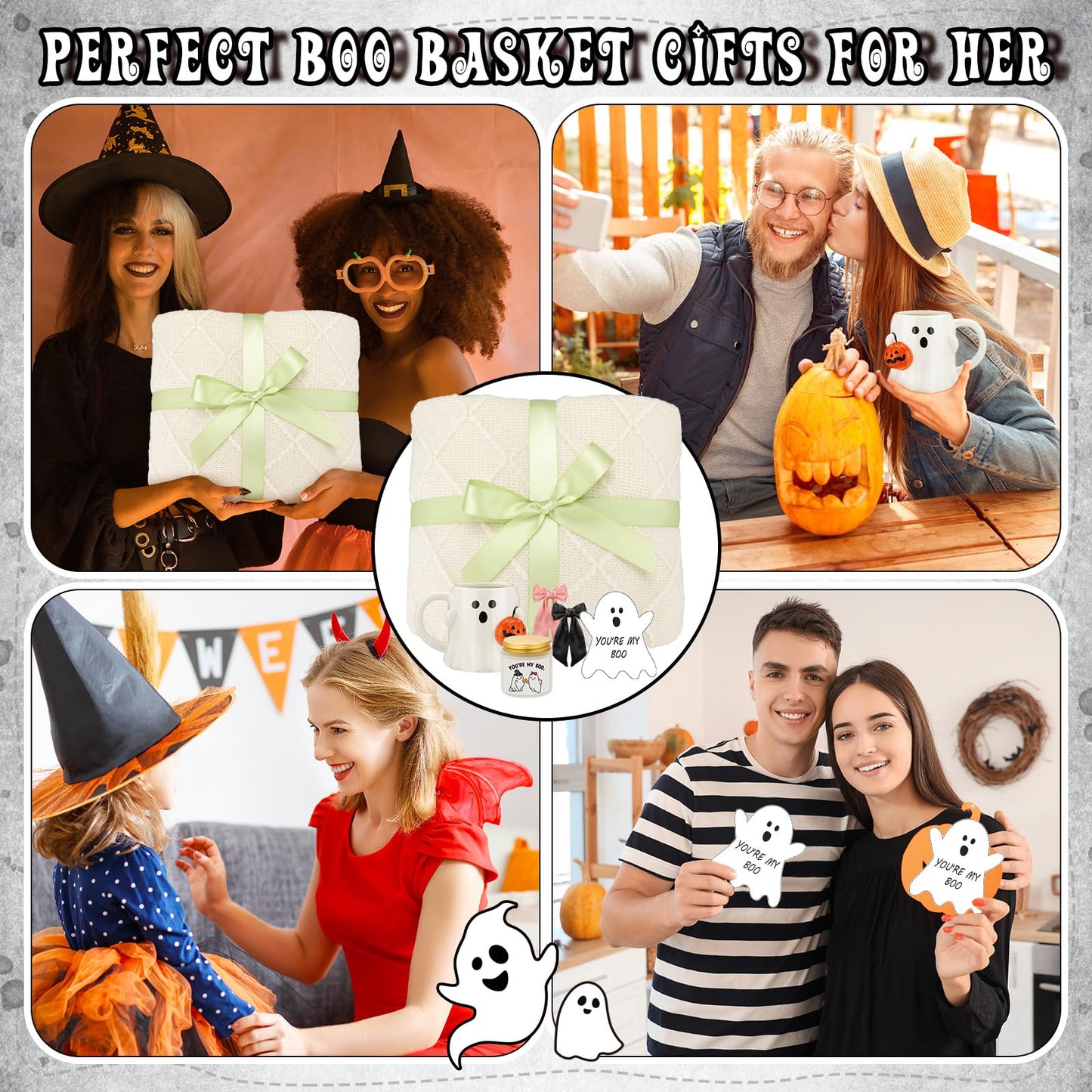 Mimorou Halloween Boo Basket Gifts for Adults Women Halloween Basket Stuffer with Ghost Mug Knitted Tassel Blanket Boo Scented Candle Gifts for Friends Women Family