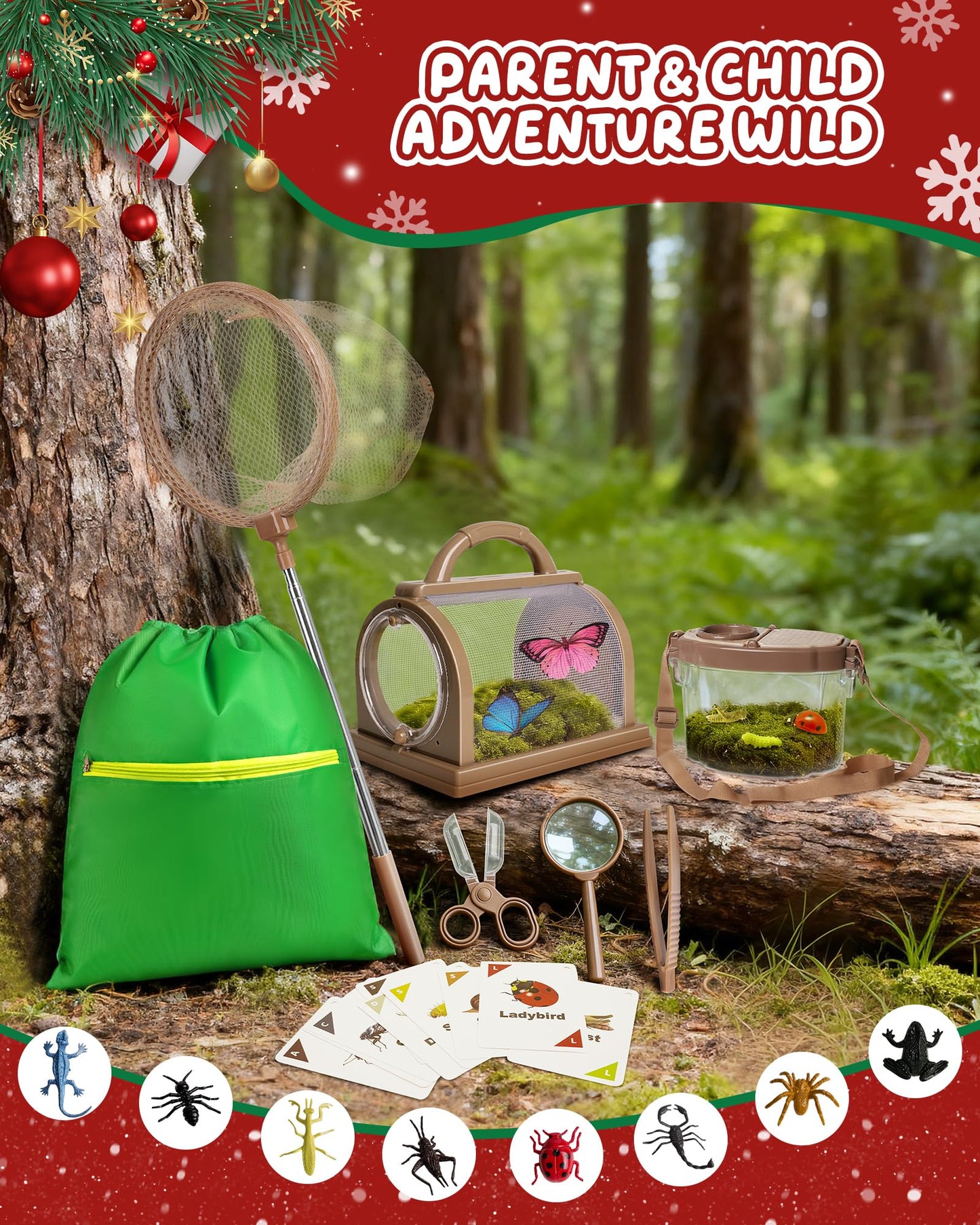 CUUCUVA Bug Catcher Kit for Kids Outdoor Explorer Kit with Insect Cage, Observation Box, Magnifying Glass, 8 Toy Bugs, Net & 10 Cards, STEM Educational Toys Gifting for Boys & Girls Ages 3+
