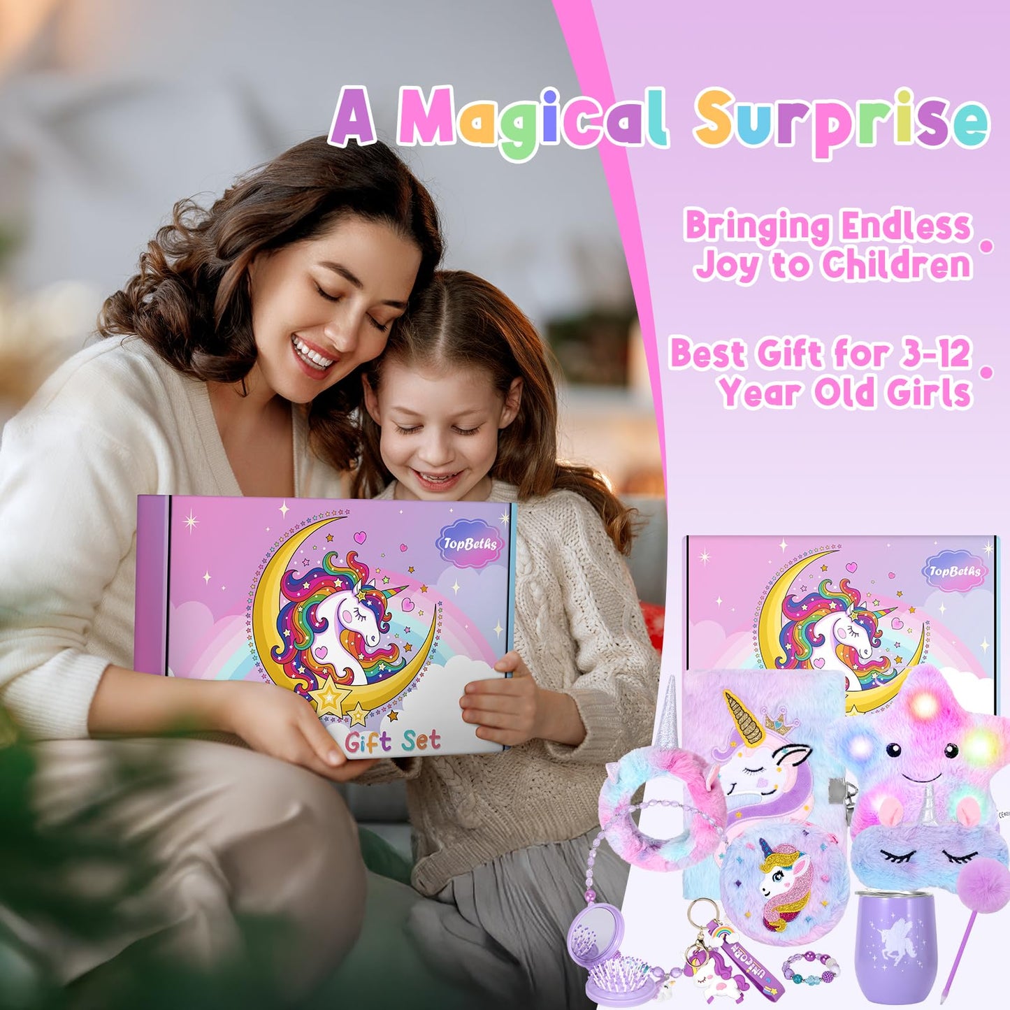 Unicorns Gifts for Girls Age 5 6 7 8 9 10 Years Old, Kids Unicorn Toy with Light Up Plush Star Pillow, Diary, Headband, Eye Mask, Water Bottle, Teen Soft Plush Toys Set for Birthday Gift Christmas