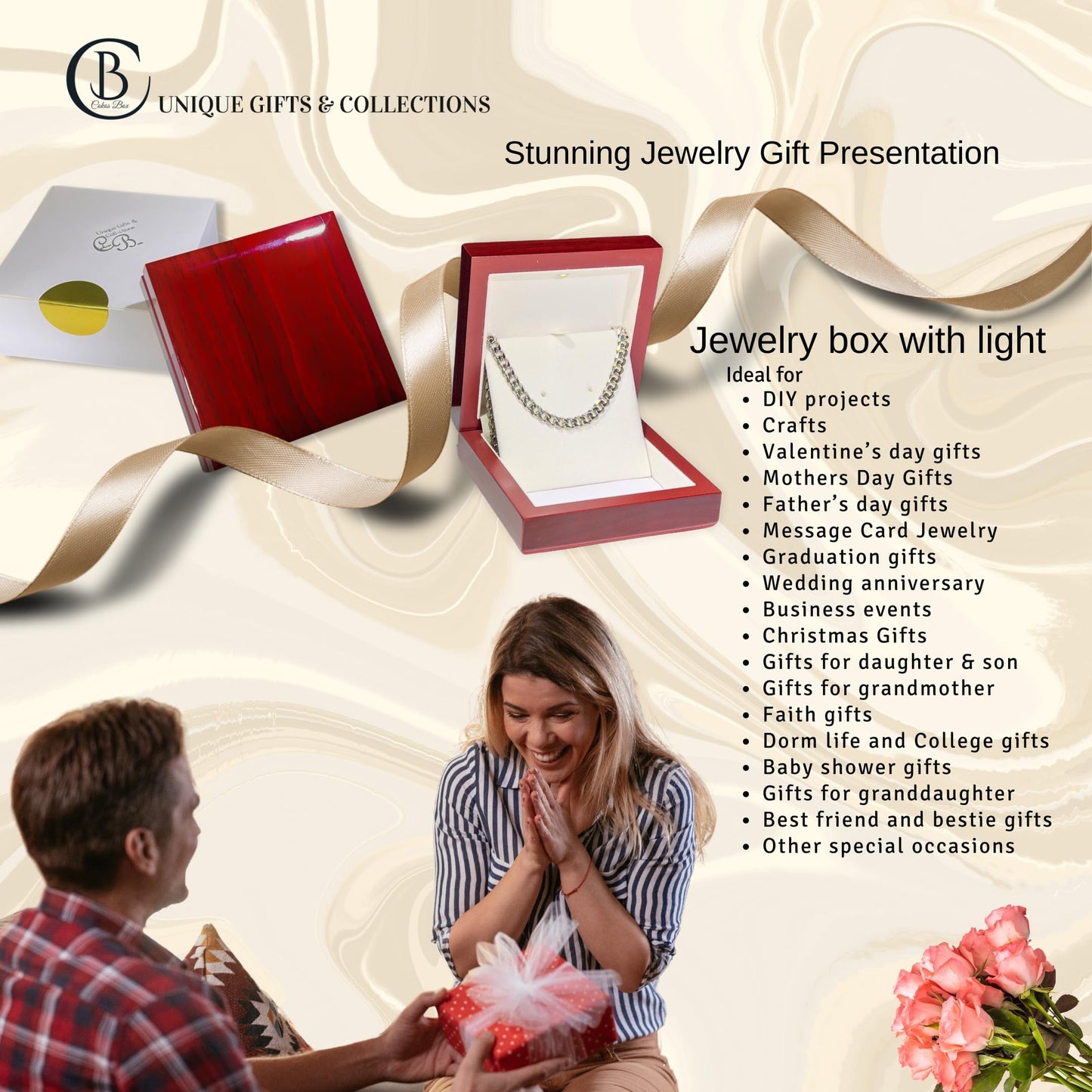 Necklace Box with LED Light – Small Jewelry Display Case for Bracelet, Earrings, or Chains – Luxury Lighted Wooden Presentation Box for Gifts, DIY Crafts (Mahogany Cream Interior, 4 X 4 Inch)