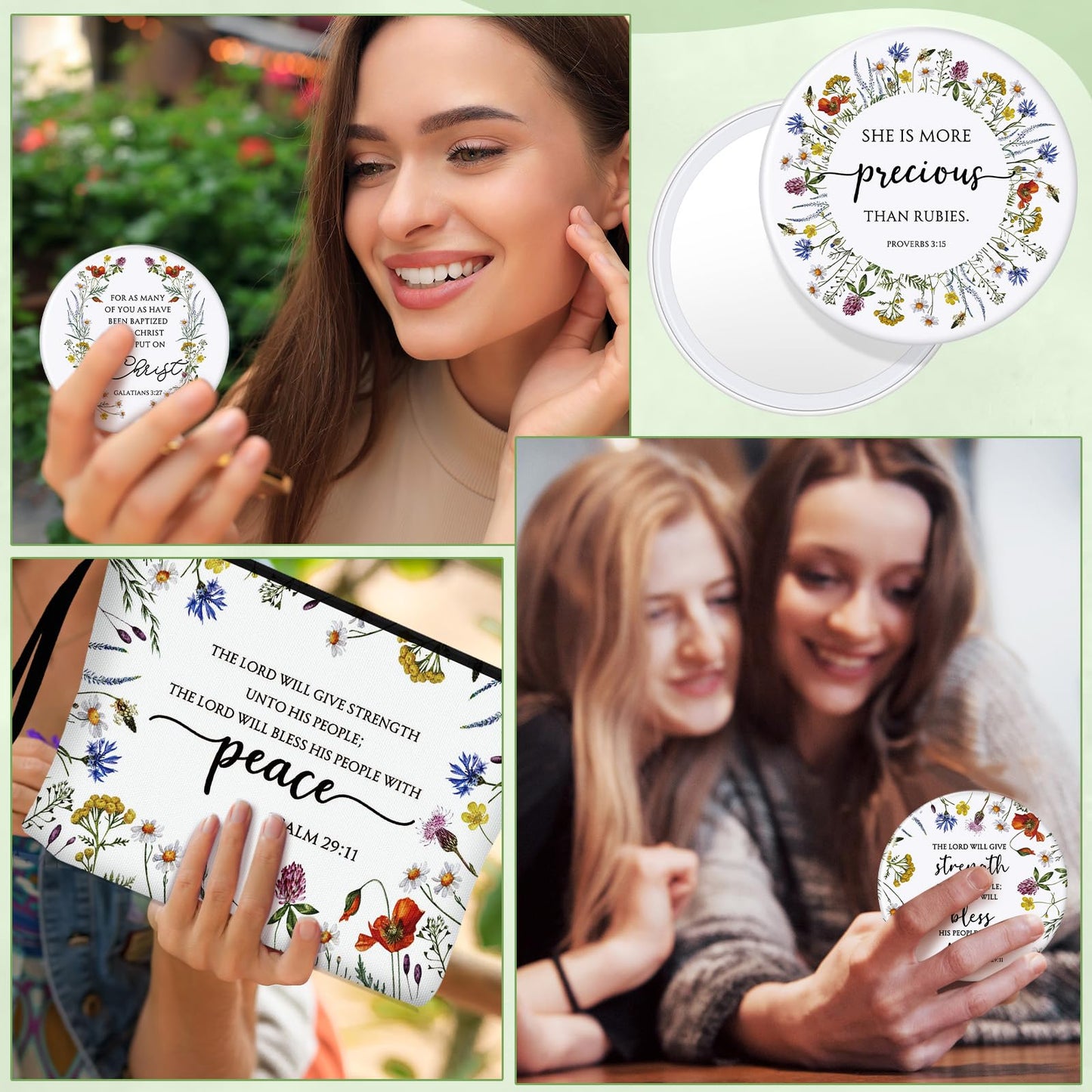 Kacctyen 20 Sets Christian Mother's Day Makeup Bag Bulk Christian Gift for Mother Religious Pocket Compact Mirror Inspirational Bible Cosmetic Bag with Zipper for Women Mom Church Member (Wildflower)