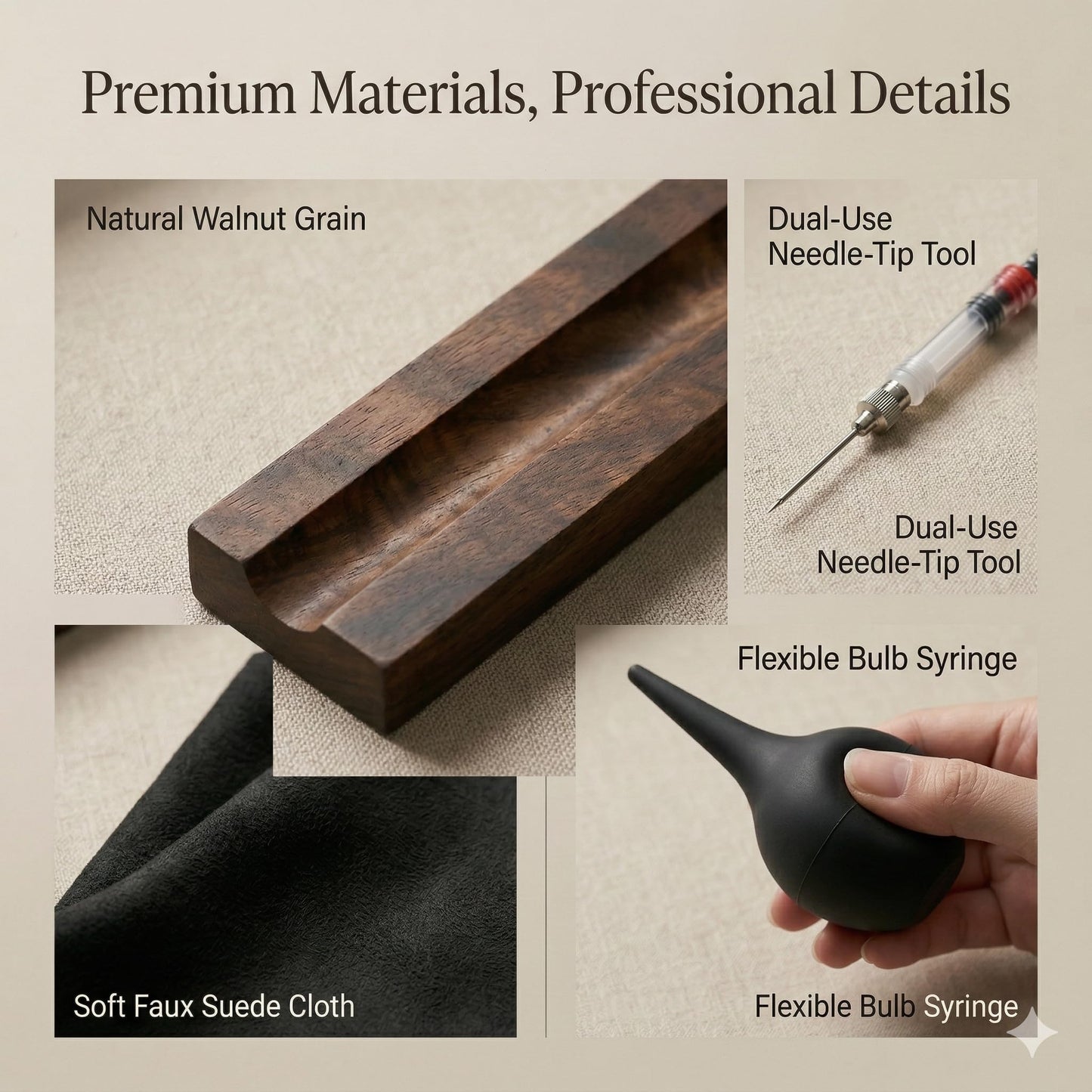 Fountain Pen Cleaning Kit with Black Walnut Pen Rest, 2 Ink Filling Tools, Premium Cleaning Cloth and Rubber Cleaning Bulb, Fountain Pen Maintenance Set for Flushing, Filling and Daily Pen Care