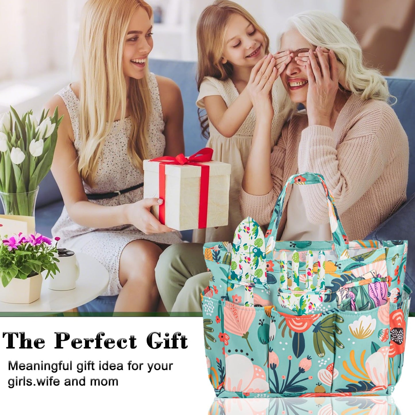 Gifts for Mom Mothers Day, Mom Birthday Gifts from Daughters Floral Gardening Tools and Durable Garden Tools Organizer Tote, Ideal Gardening Gift for Women Plant Lover Present