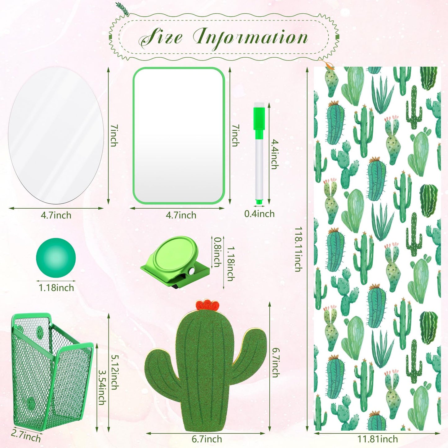 Harloon 15 Pcs Locker Decoration and Organizer Kit Locker Wallpaper Magnetic Pen Holder and Mirror Whiteboard Marker Cork Board with 3 Push Pins 3 Magnetic Clip 6 Magnets(Cactus)