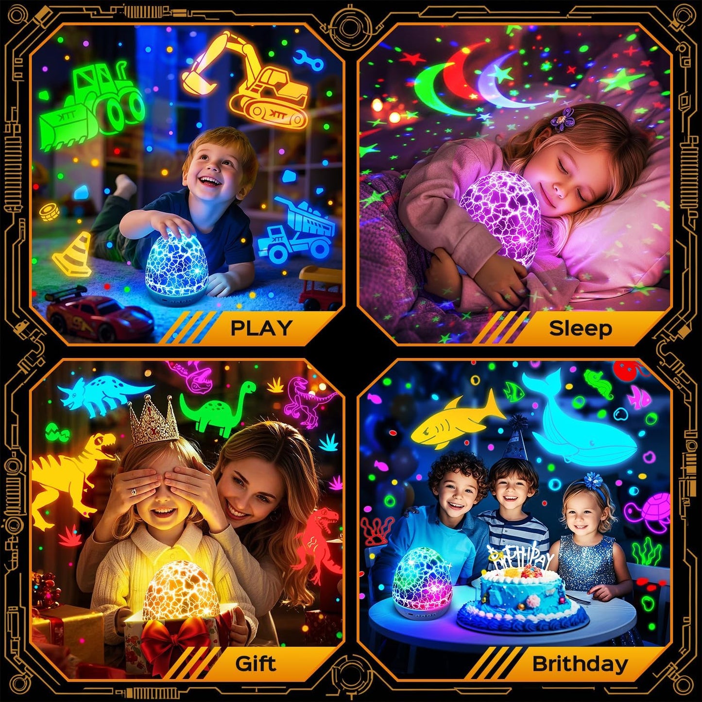 PIKOY Excavator Toys Night Light Projector【15 Sounds & 6 Films】Kids Construction Toys Truck Night Lights [31 Colors & Remote] Dinosaur Egg Light for Nursery Boys Kids Toddler Birthday Gifts 1-10 Years