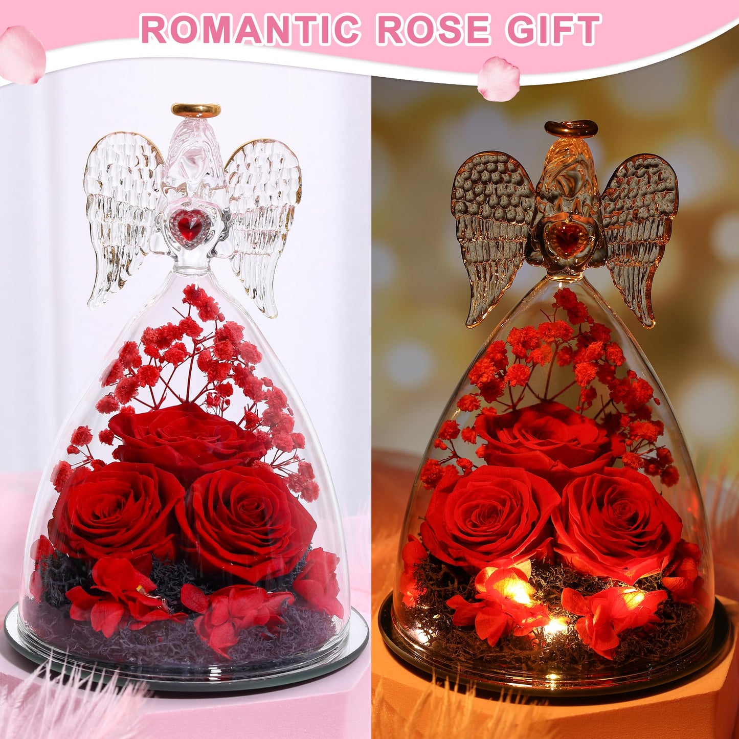 Tiaronics Mothers Day Rose Gifts for Women, Large Angel Figurines with Real Roses, Preserved Real Flower Rose for Her - Red