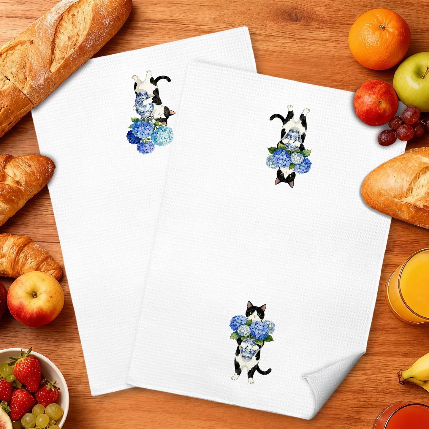FRZSDVHNM Blue Hydrangea Floral Tuxedo Cat Kitchen Towels, Tuxedo Cat Gifts, Chinoiserie Flower Kitten Decorative Dish Tea Hand Towels for Kitchen Bathroom, 16x24 Inches Set of 2