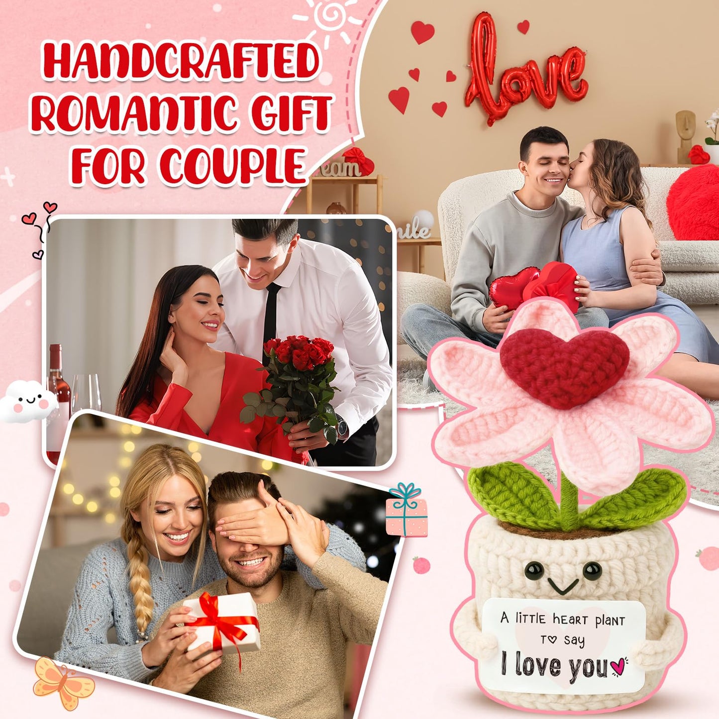 Frabaca I Love You Gifts for Birthday, Valentines, Easter, Anniversary Wedding Gift for Girlfriend, Wife, Fiancee, Christmas Stocking Stuffers - Crochet Heart Flower Mother's Day Decorations