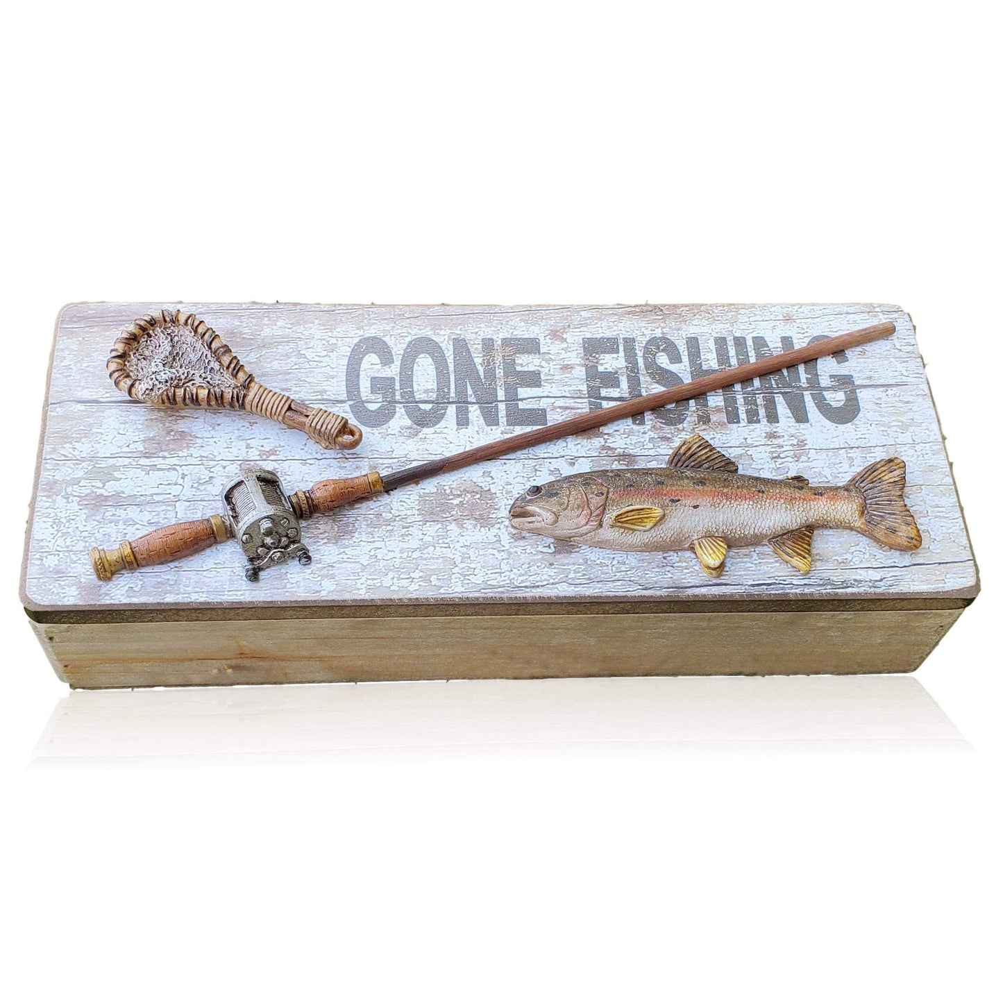 Tumbler Home Gone Fishing Wood Box - Rustic Wood Keepsake Box Holds Coins, Keys and Wallet - Father's Day Gift, Birthday or Christmas Gifts for Fisherman, Dad, Son, Grandpa