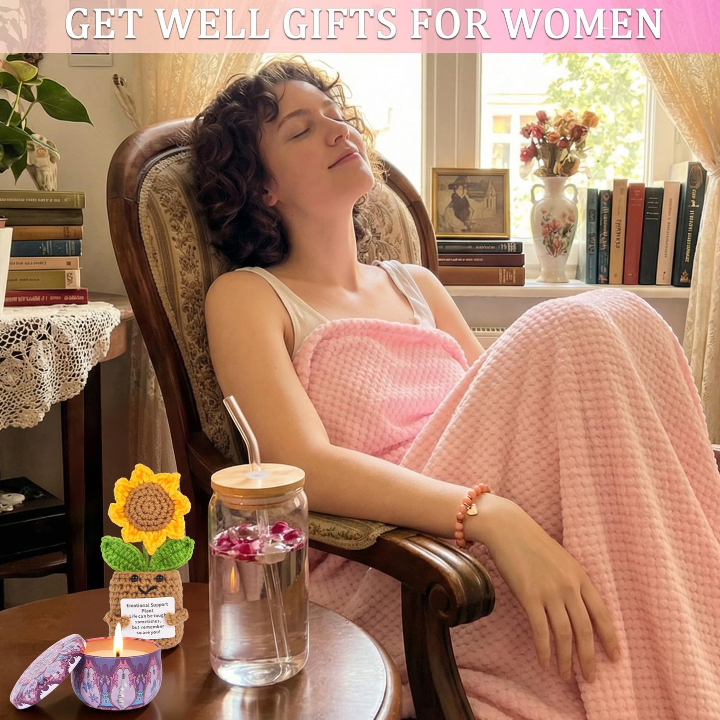 Birthday Gifts for Women Spa Care Package, Get Well Soon Gift Baskets Thinking of You Sympathy Gift, Self Care Basket w/ Luxury Flannel Blanket 16 Oz Glass Mother Day Gifts for Her Sister Wife Friend