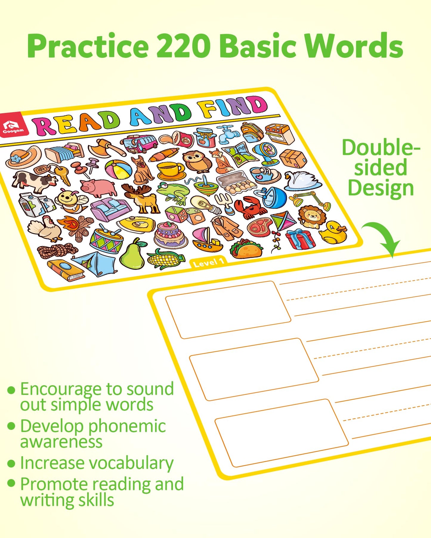 Coogam Search and Find Activity Cards for Kids, 220 Sign Words Dry Erase Busy Book Travel Games, Educational Montessori Toy Learning Flashcards for Kindergarten Preschool 3 4 5 Years Old Kids