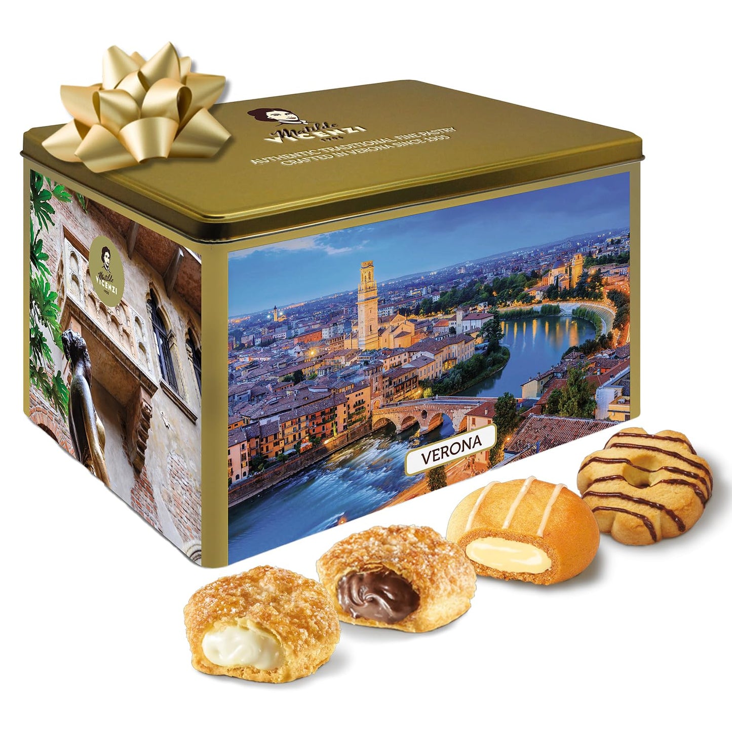 Matilde Vicenzi Verona Gift Tin - Assortment of Italian Pastries and Cookies - Gourmet Gifts for Mother's Day, Birthday and Every Special Occasion - Assorted Cookies in Italian Design Tin 32oz (907g)