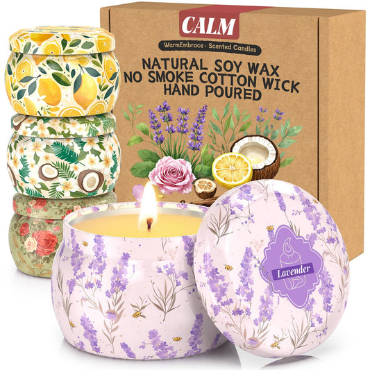 WarmEmbrace Scented Candles for Women, 4 Pack Soy Candle Set, 4.4OZ Candles for Home Scented, Candle Gift Set for Women, Lavender/Coconut and Christmas Holiday Candles, Valentines Day Gifts