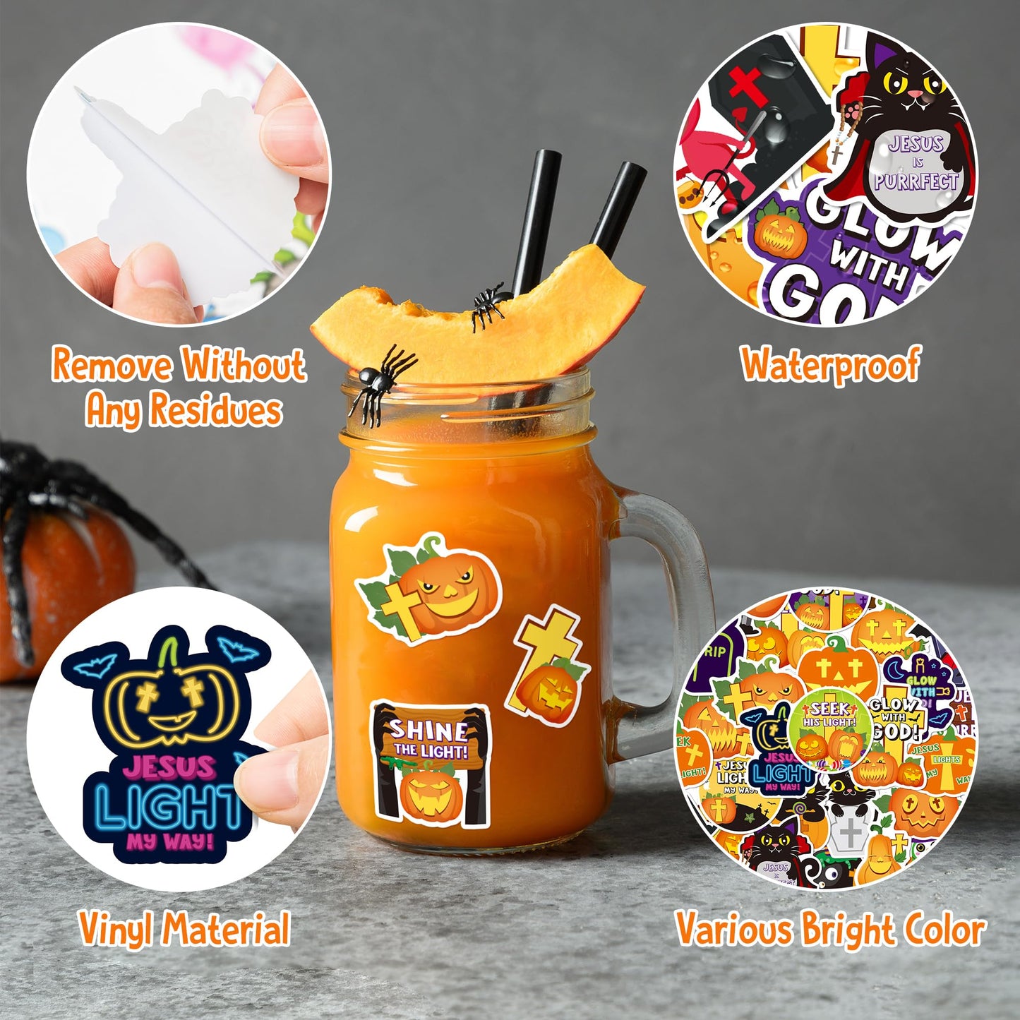ANGOLIO 50Pcs Halloween Stickers for Kids, Cute Cartoon Pumpkins Witch Black Cat Christian Crosses Vinyl Waterproof Decals for Water Bottles Notebooks Laptop