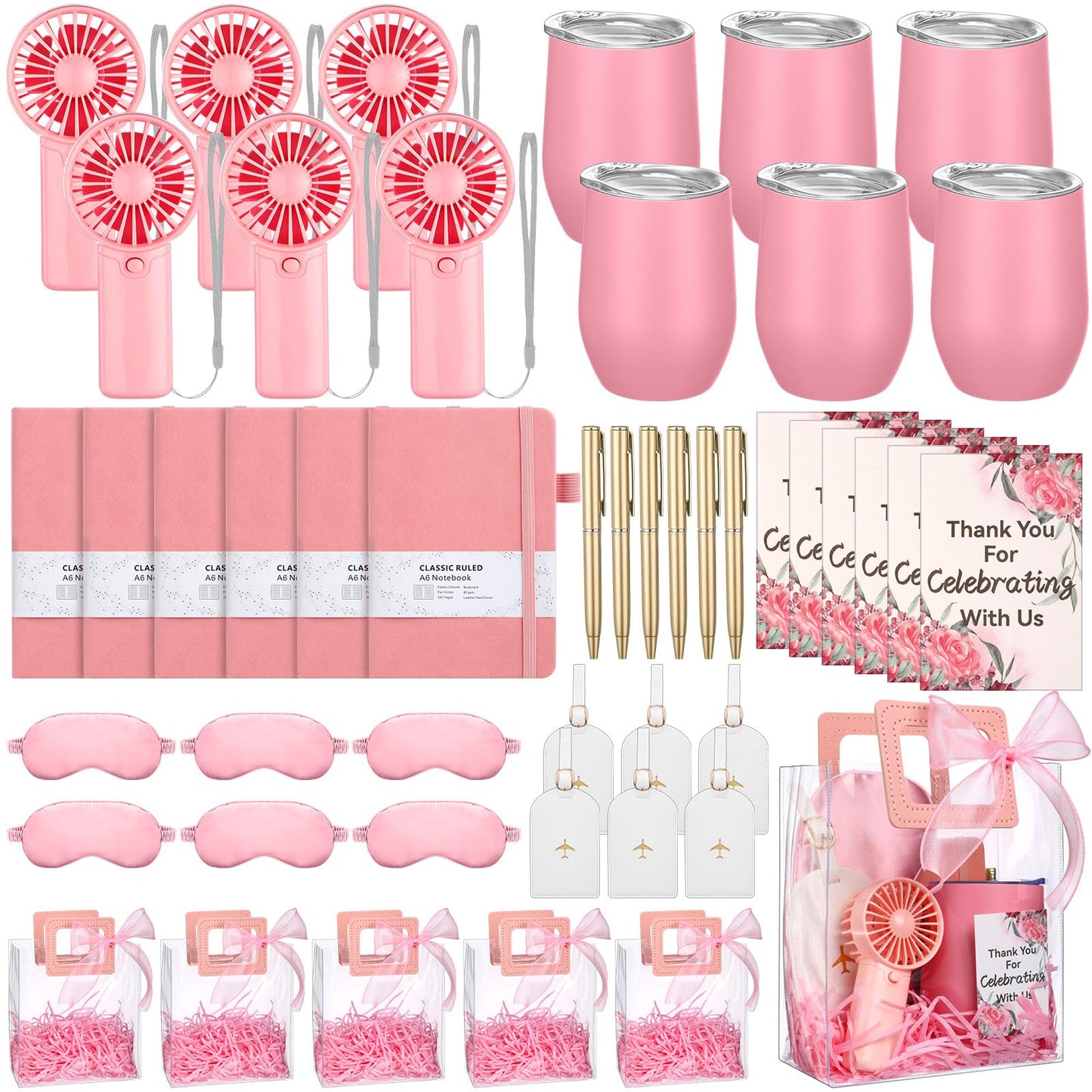 Talltalk 6 Sets Baby Shower Prizes for Game Wedding Bridal Shower Winners Gifts Guest Favors Luggage Tag Handheld Fan Cup Notebooks Silk Eye Mask Ballpoint Pen Card Bags(Pink)