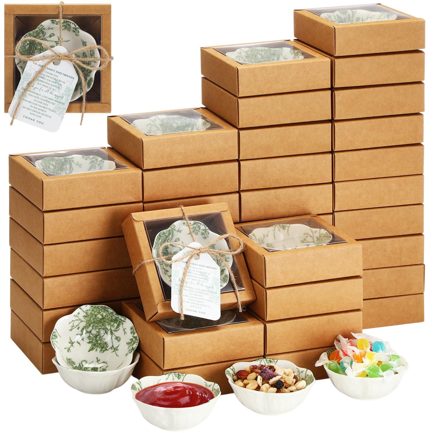 Teenyyou 40 Pack Wedding Favors for Guests Small Ceramic Bowls Bulk Gifts Set 3.3 Inch Sage Green Verdure Design Mini Dipping Bowl Sauce Dish with Cards Box for Party Shower Favor Souvenir