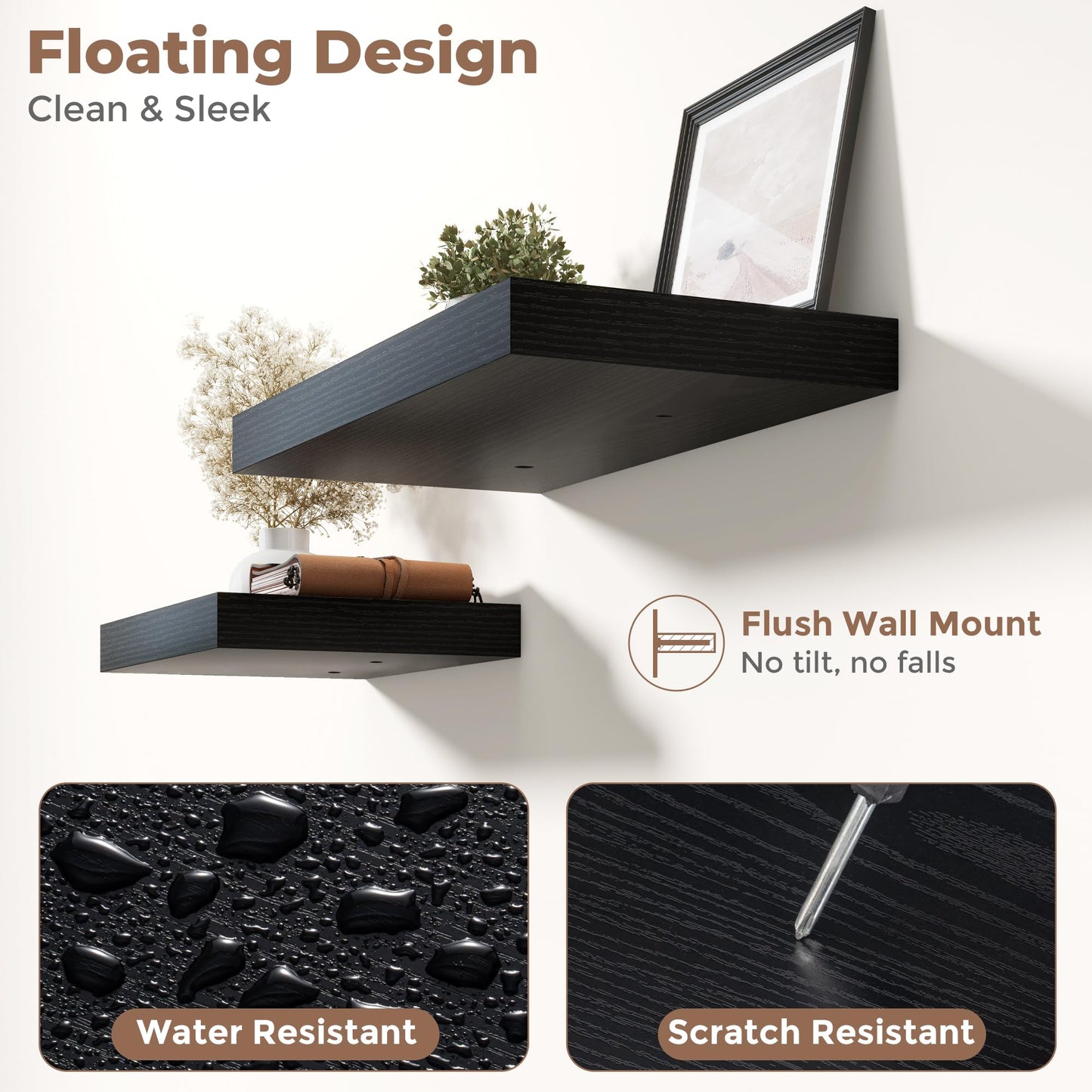30 Inch Floating Shelves for Wall Set of 2, 12"D Wood Grain Bathroom Shelves with Invisible Brackets, Easy Install Engineered Wood Storage Shelves for Kitchen, Living Room, Bedroom, Black Finish