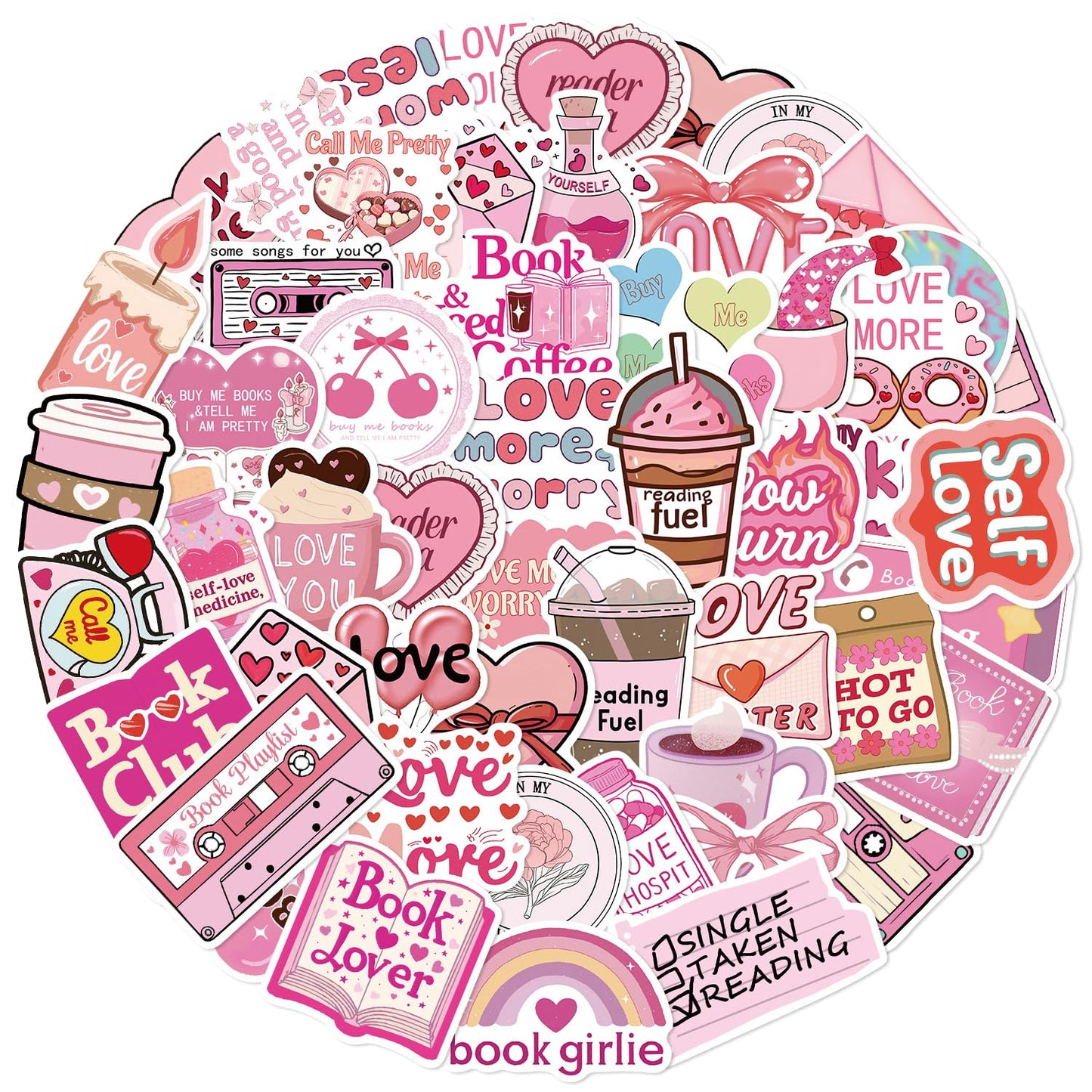50Pcs Pink Love Stickers, Waterproof Heart Self Loves Sticker, Cute Scrapbook Aesthetic Reading Decals Book Lovers Gifts for Greeting Cards Laptops Phone Cases Tumblers Water Bottles Girls (Love)