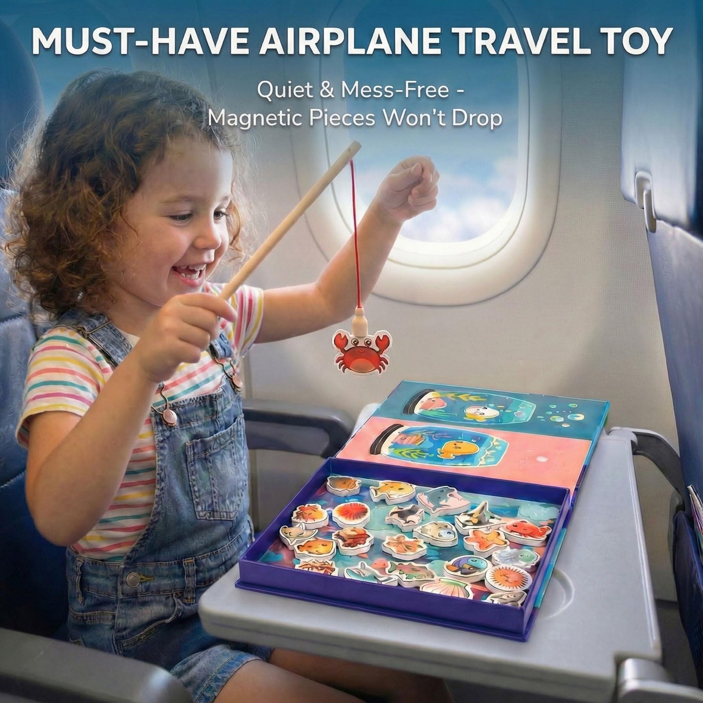 TRAVOFUN Magnetic Fishing Game Book - Travel Toys for Toddlers 3-5 - Car Road Trip Essentials & Airplane Activities for Kids - Montessori Learning Gift with 2 Poles & 27 Ocean Fish (Quiet & Portable)