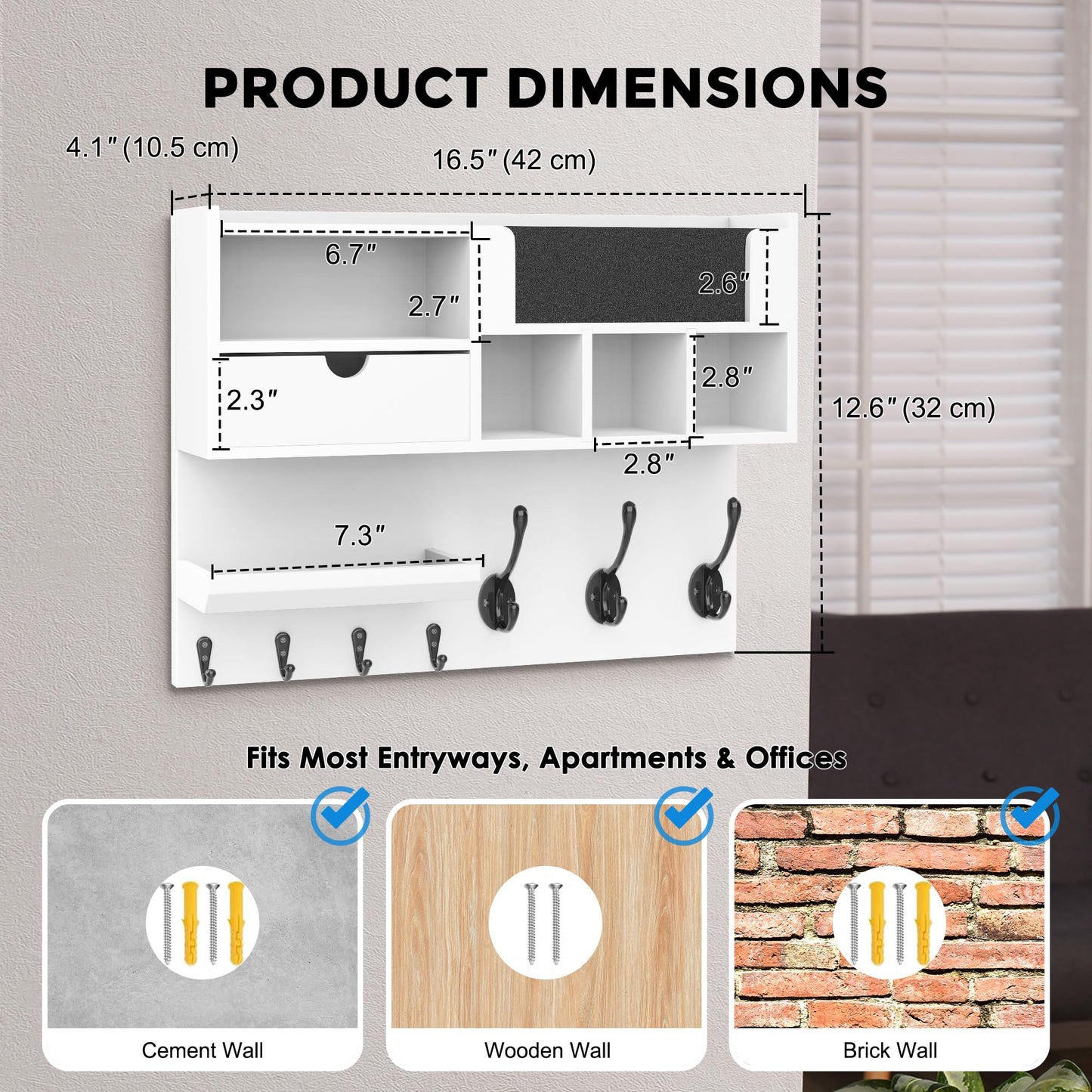 QooWare Key Holder Wall Mount with Mail Slot, Wall Key Holder with Chalkboard, Drawer & 7 Hooks, Key Hooks for Wall, Key Hanger Organizer for Entryway Keys Coats Bags, White Farmhouse