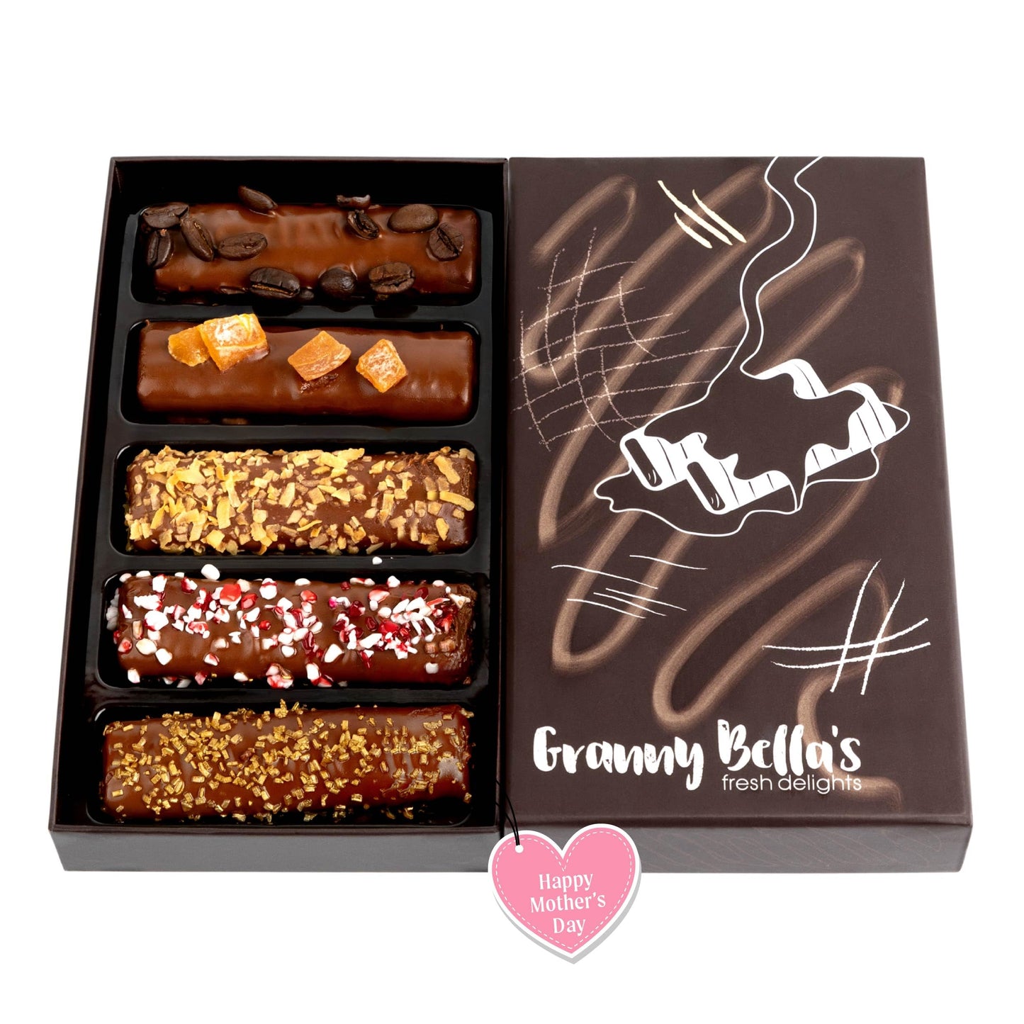 Granny Bellas Mothers Day 5 Chocolate Covered Wafers for Girlfriend, Boyfriend, Him, Her Gift Basket, Spring Treats Prime Dairy Chocolate Cookie Gifts Baskets, Delivery for Mother, Mom, Grandmother, Grandma, Wife, Sister, Daughter