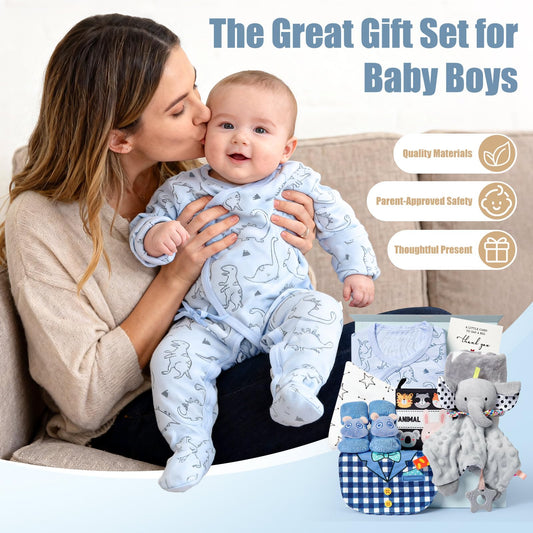 Golray 9pcs Baby Shower Gifts for Boys Newborn Kit, Blanket/Elephant Soothe/Fabric Book/Bodysuit/Bib/Sock/Hat/Greeting Card, Baby Essentials Stuff Gift for Newborn Boy Friend Newmom