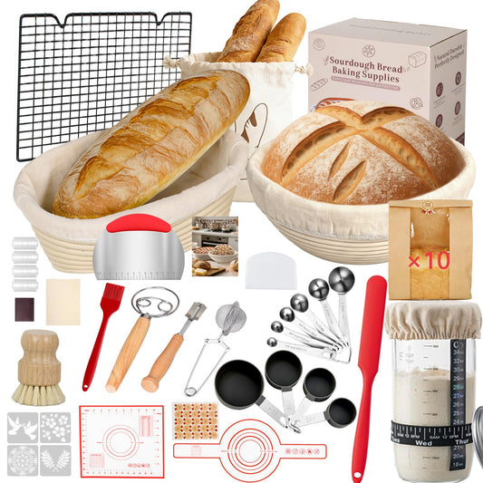 52 Pcs Sourdough Starter Kit, Sourdough Bread Baking Supplies with 9" Round & 10" Oval Banneton Bread Proofing Basket, Cooling Rack, Sour Dough Starter Jar, Bread Making Kit Gifts for Women Wife Mom