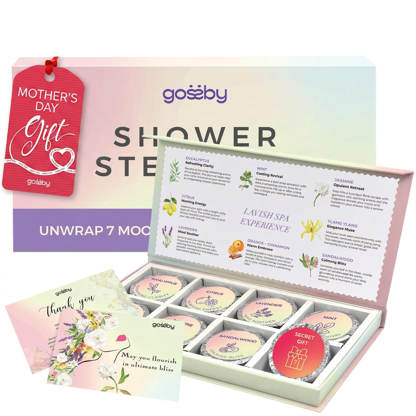 GOSSBY Shower Steamers Aromatherapy (8 Pcs) - Mothers Day Gift for Mom - Birthday, Stress Relief Gift for Women Wife Teen Girl - Basket Stuffers - Natural Essential Oils, Self Care Relaxation Home Spa