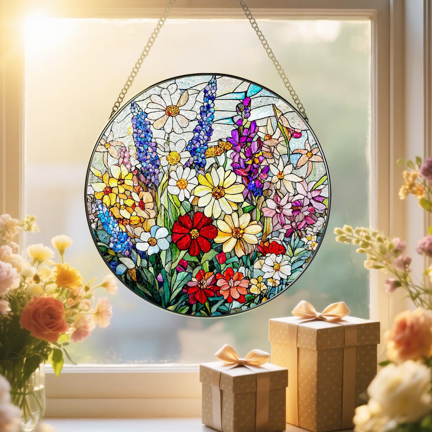 Stained Glass Window Hanging, 8 Inch Wildflower Stained Glass Suncatcher, Suncatchers for Windows Hanging, Wildflower Window Decor, Florist Gift, Flower Lover Gifts, Gifts for Mom, Grandma