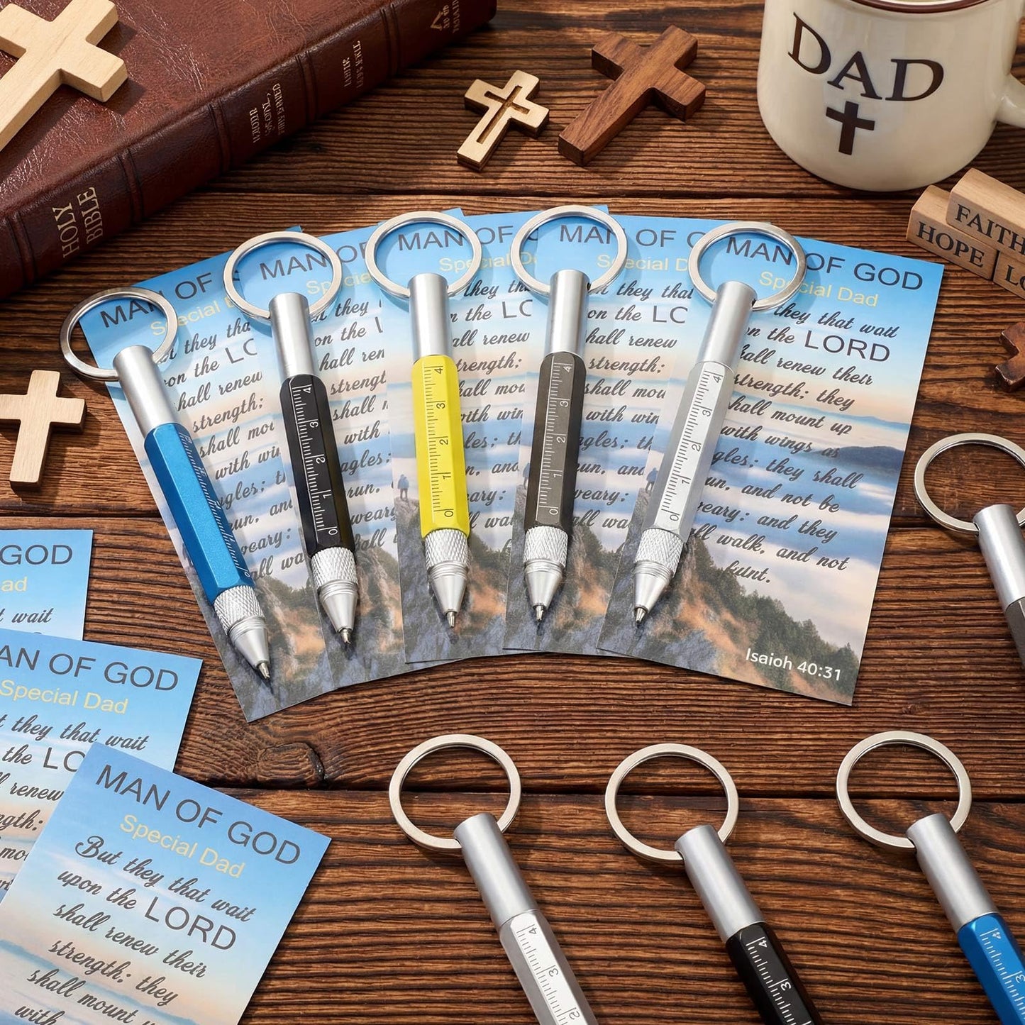 30 Sets Father Day Christian Church Gifts Bulk Man of God Gift for Men 6 in 1 Multi Tool Pen Keyring Screwdriver Pen with Bible Verse Bookmarks for Father's Day Men Pastor Dad Husband Birthday