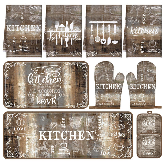 Fourluoo 10 Pcs Farmhouse Kitchen Decor Sets 4 Wood Kitchen Dish Towels 2 Vintage Pot Holders 2 Oven Mitts Glove 2 Rustic Non Slip Rugs and Mats for Floor Home Decorations Accessories Mom Gifts