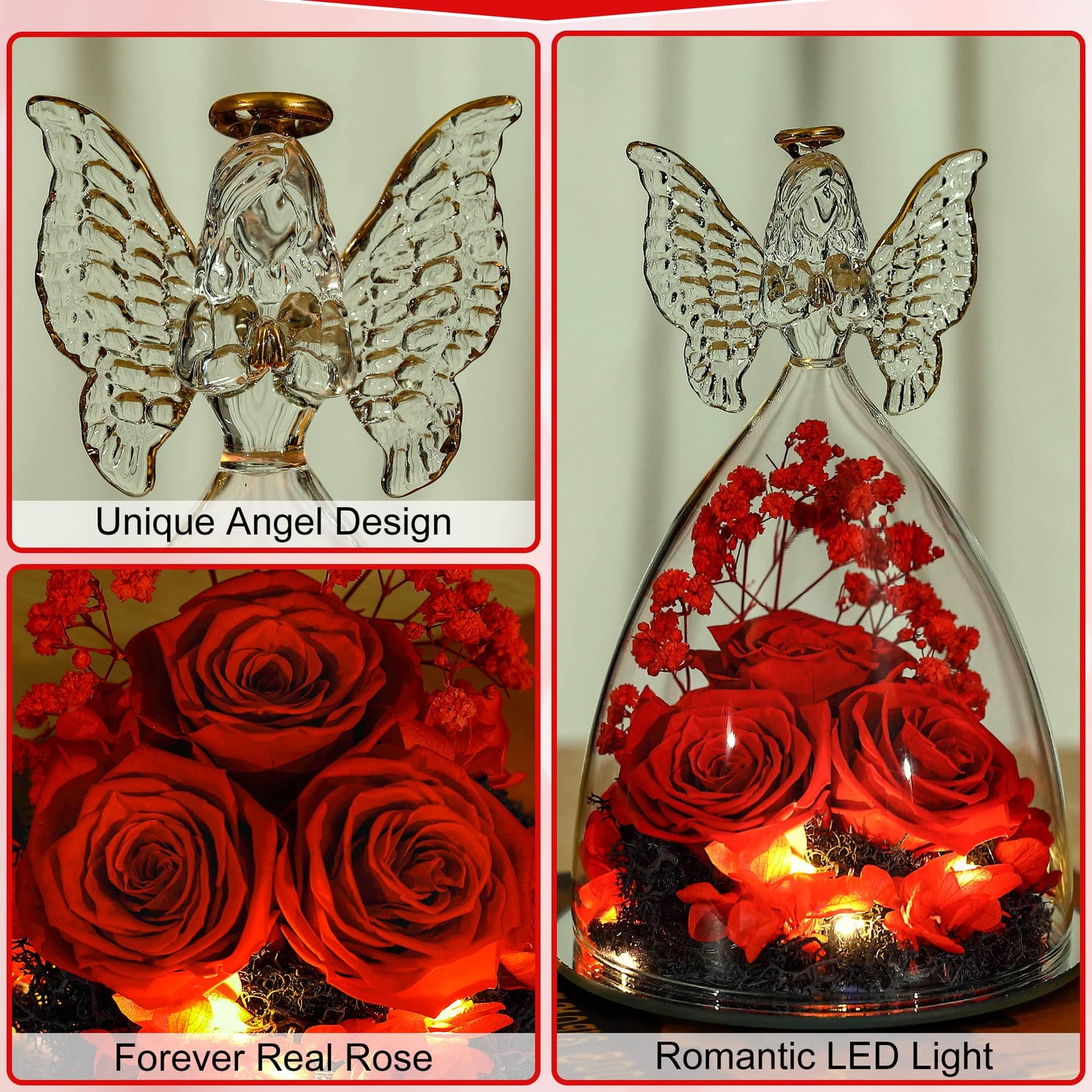 Tiaronics Mothers Day Rose Gifts for Women Preserved Real Flower in Glass Angel Figurines Roses for Delivery Prime Birthday Gifts for Mom Grandma Girlfriend Wife Her - Red