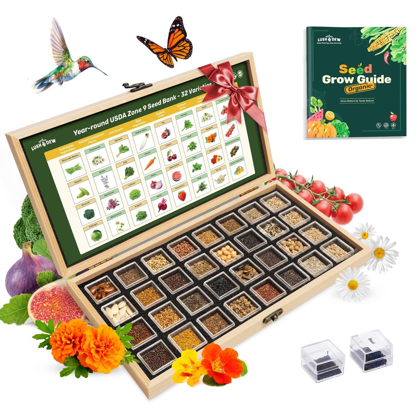 Lush&Dew Year-Round USDA Zone 9 Seed Bank, Gardening Gifts for Women Men, 32 Varieties Non-GMO Heirloom Seeds of Vegetables Herbs Fruits, Gift for Mom Dad, Survival Seed Kit for Raised Garden Beds