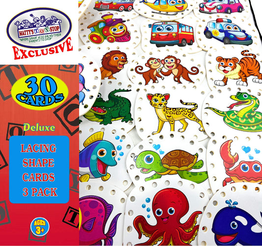 Matty's Toy Stop Deluxe Lacing Shapes (10 Count) Vehicles, Fish & Jungle Animals Educational Gift Set Bundle - 3 Pack (30 Shapes Total)