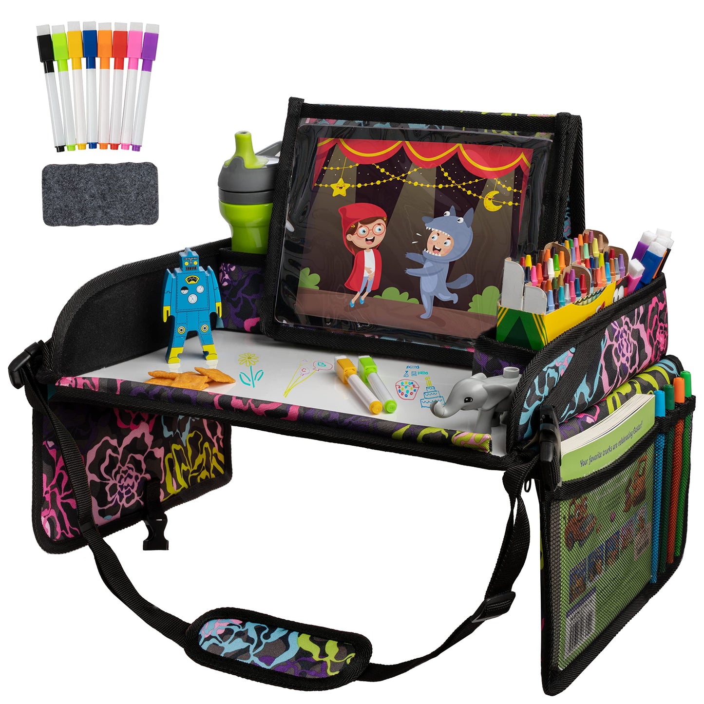 Lusso Gear Kids Travel Tray for Car - Road Trip Essentials for Kids - Car Seat Tray for Toddlers & Kids - for Airplane, Kids Travel Desk, Road Trip Activities (Floral)