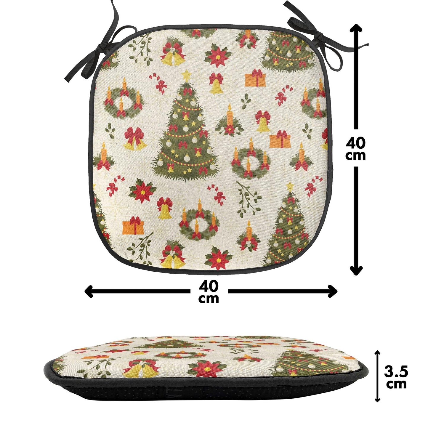 Ambesonne Christmas Chair Seating Cushion Set of 4, New Zealand Poinsettia Flower Xmas Trees Gift Boxes Art Culture Pattern, Anti-Slip Seat Padding for Kitchen & Patio, 16"x16", Olive Green Yellow