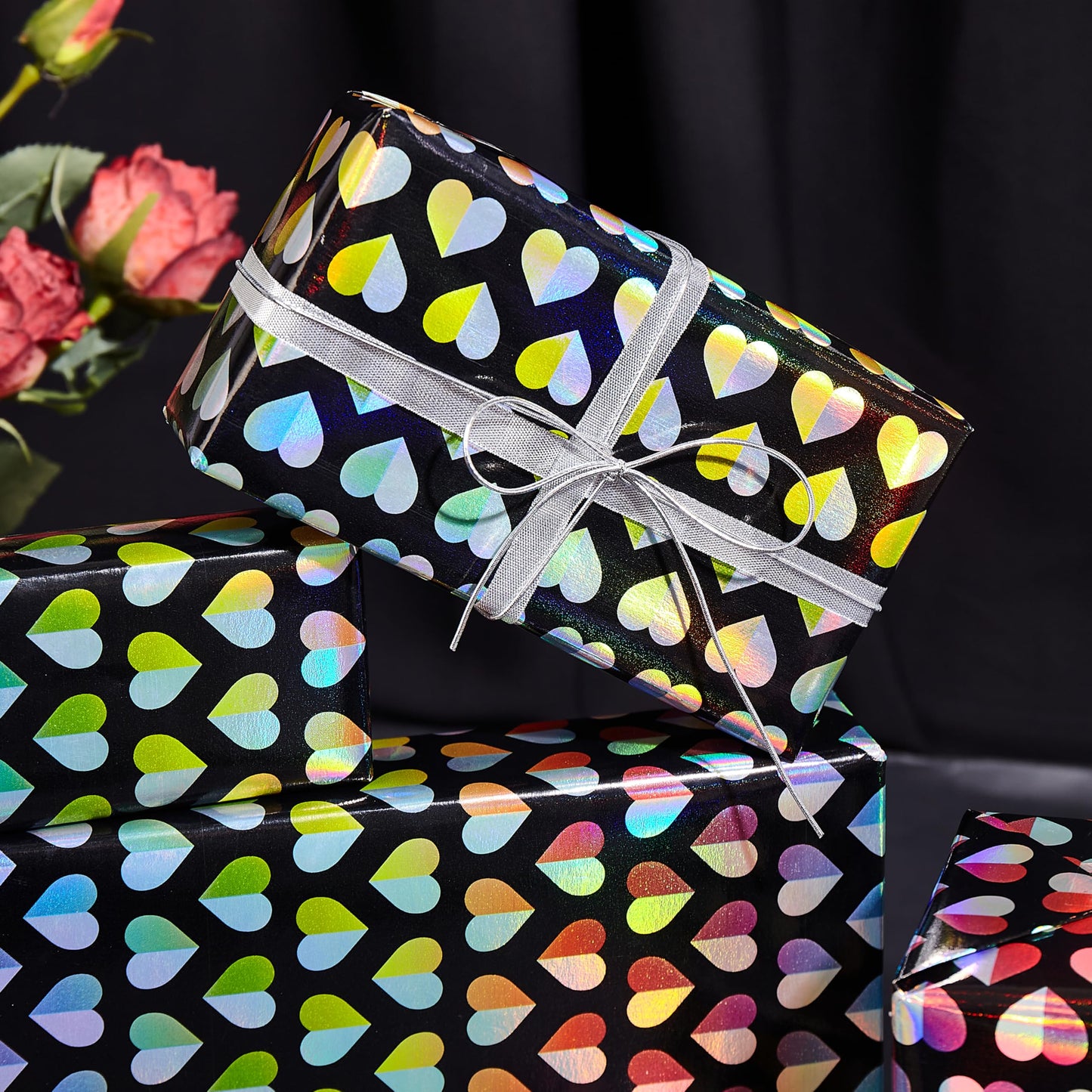 LUVONA Rainbow Heart Wrapping Paper – Black Kraft, Mini Roll 17 inch x 33 feet – Colorful Foil Gift Wrap for Valentine’s, Wedding, Birthday