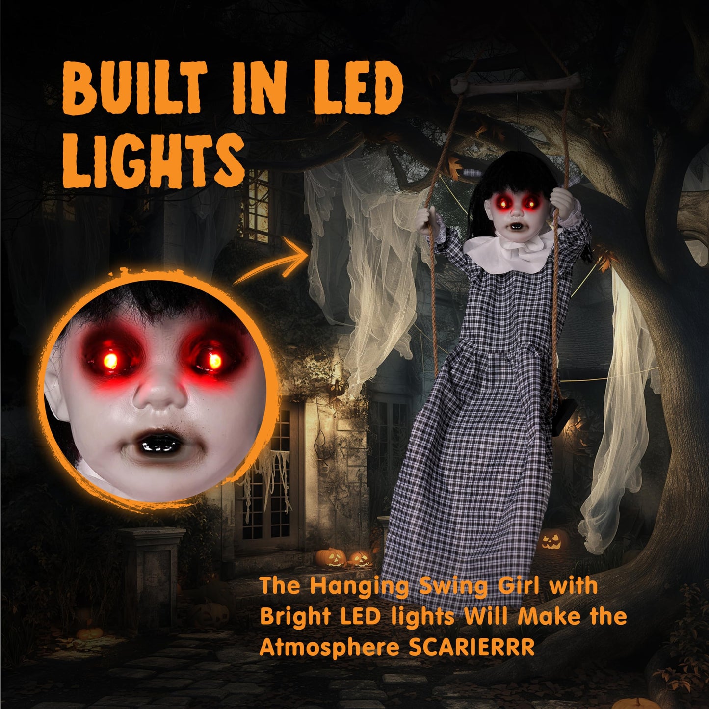 JOYIN Outdoor Halloween Hanging Scary Swing Girl Decorations, Outdoor Swinging Doll with Creepy Sound and Light Up Eyes Sound, Animated Hanging Decors Activated for Garden Yard Lawn