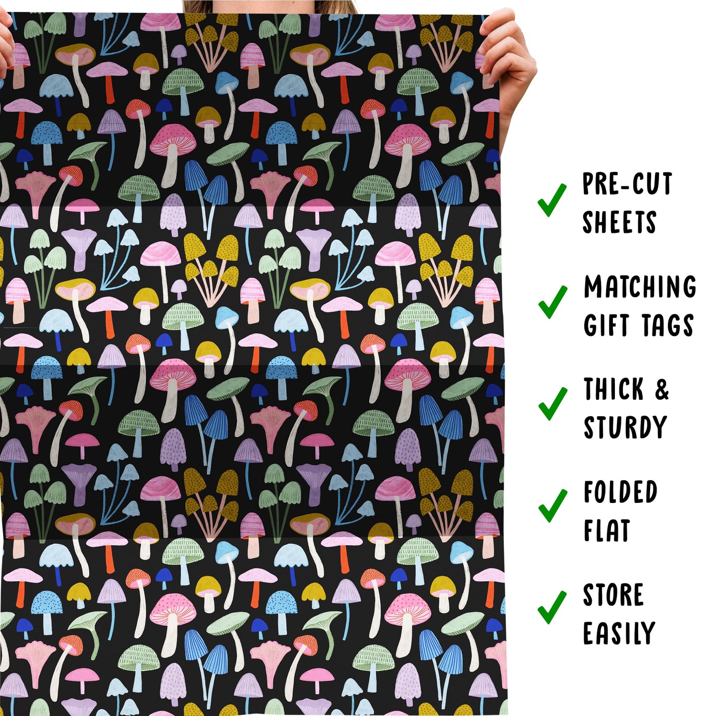 CENTRAL 23 Mushroom Wrapping Paper - 6 Sheets Of Birthday Gift Wrap For Women - Bright Mushrooms On Black Background - Halloween - Comes With Stickers - Recyclable