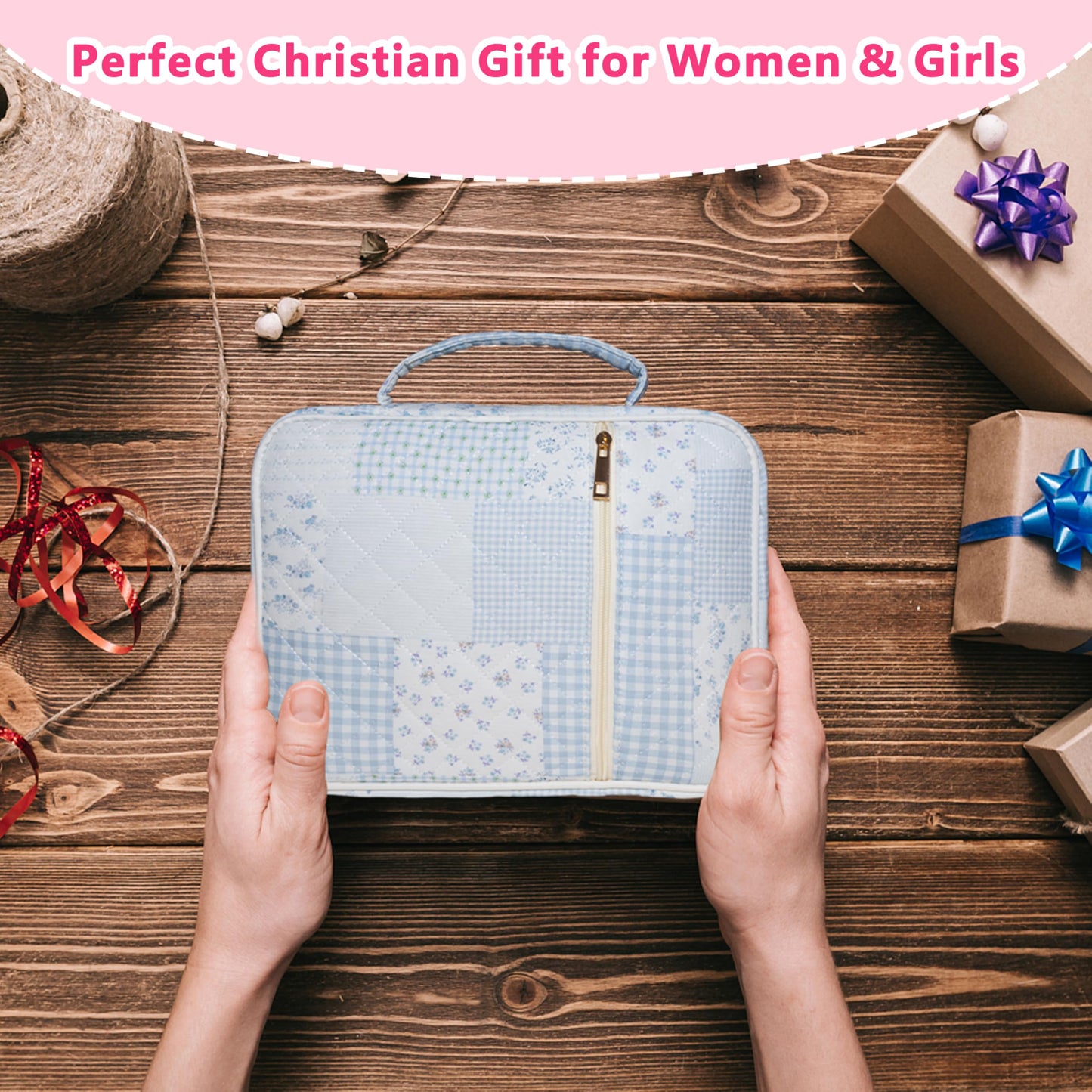 CasaRovela Bible Cover for Women, Large Quilted Case with Handle, Durable Bag and Carrying Case for Girls, Study Supplies Accessories, Christian Gift for Women (Blue Spliced Flower, Large)